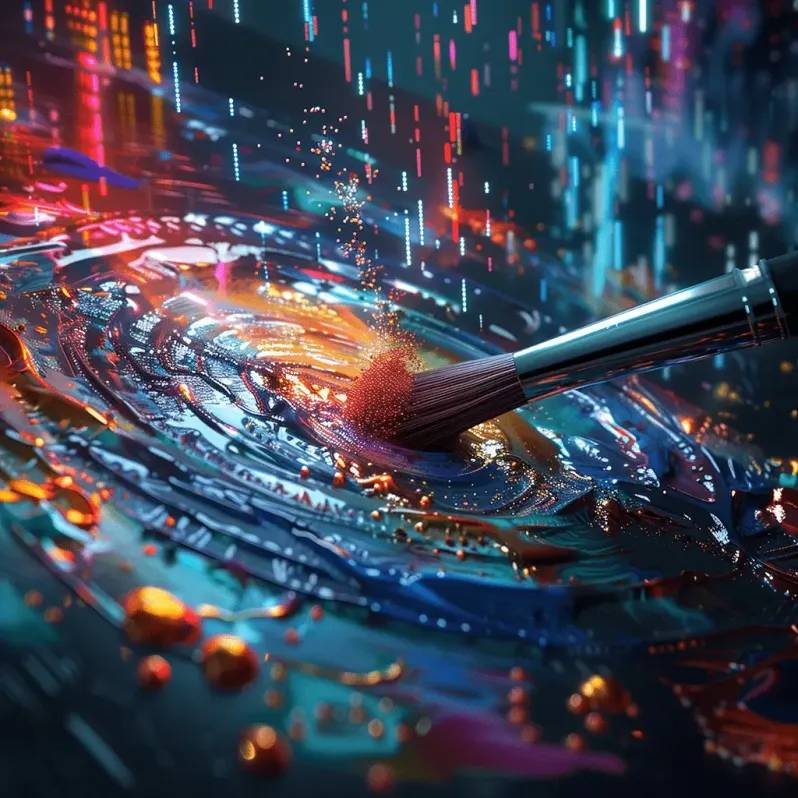 A paintbrush strokes a colorful canvas creating data points that errupt from the fabric