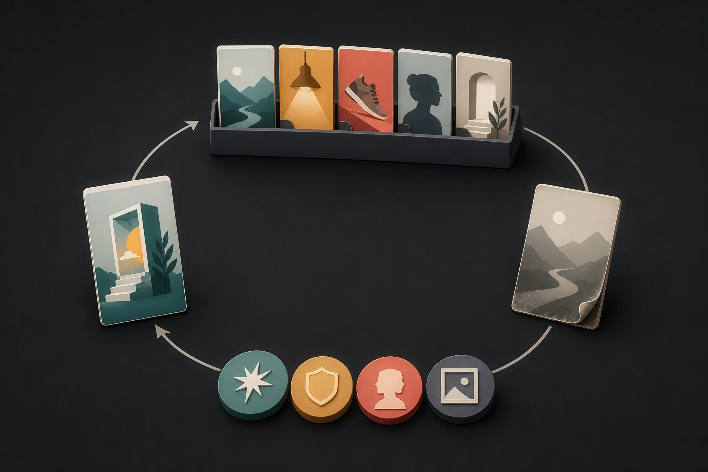 Creative rotation as a continuous loop: a tray of five distinct fresh concepts feeds delivery; a worn, faded creative is retired; its durable features — hook, proof, messenger, format — are carried forward as tokens into a renewed concept that re-enters the tray.