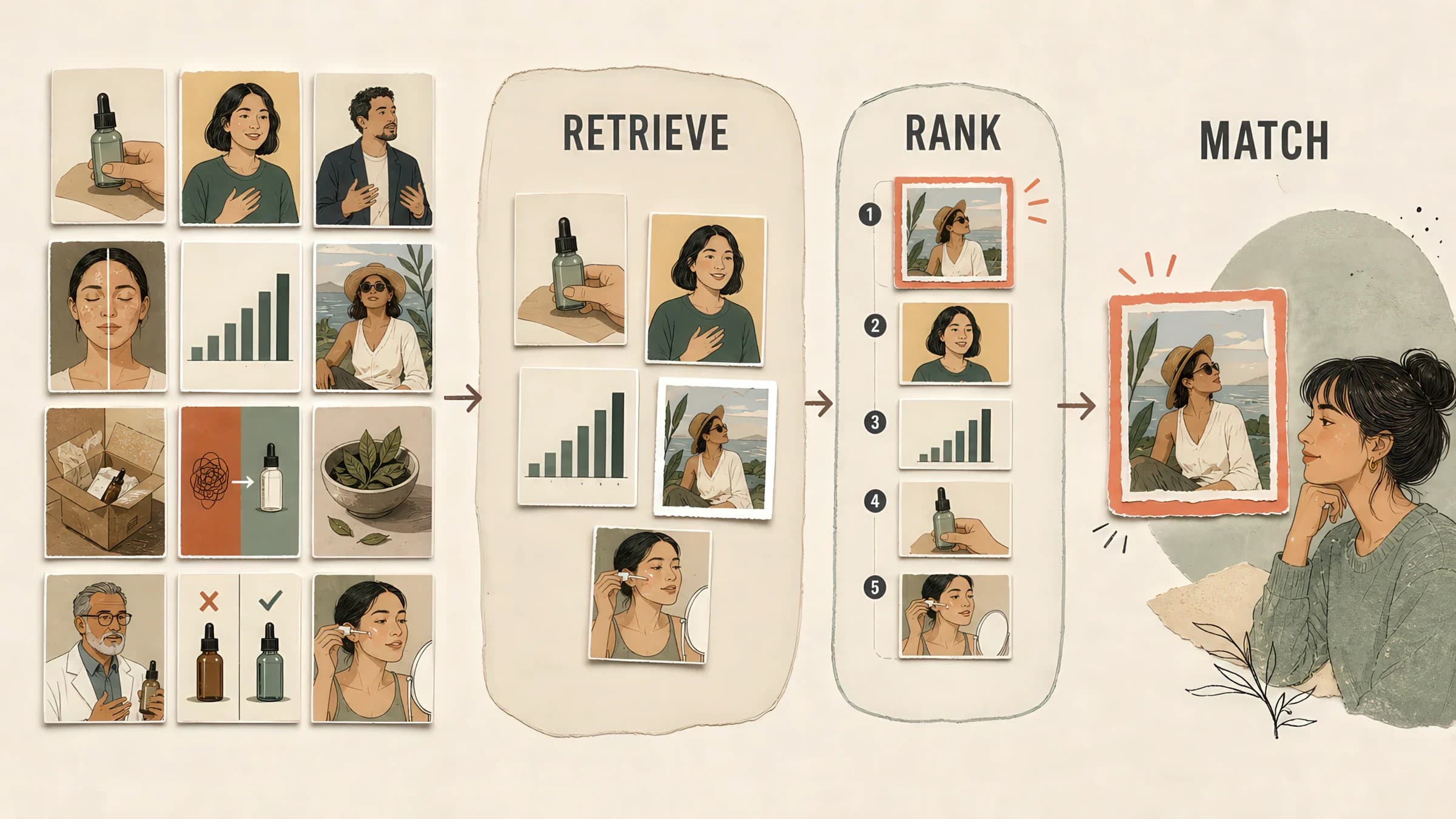 Schematic of Meta's multi-stage ads delivery: a wall of candidate ad creatives is narrowed at the retrieve stage, ordered at the rank stage, and one ad is matched to a specific person. Counts are illustrative — the real retrieval stage narrows tens of millions of candidates to a few thousand.