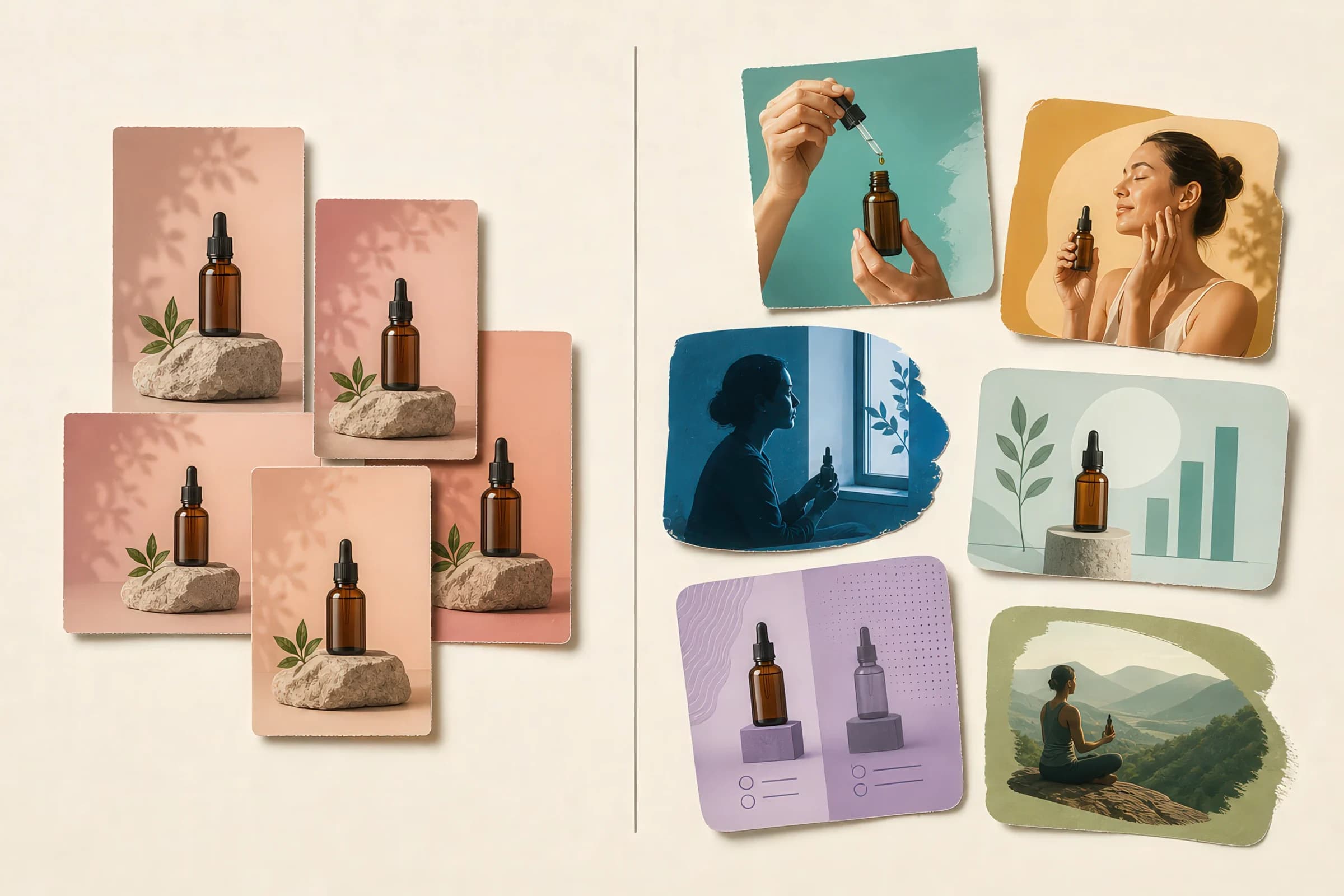 Side-by-side comparison for one skincare product: on the left, five near-identical bottle-on-stone product shots against the same pink backdrop — one concept in five files; on the right, seven genuinely different creatives — an application demo, a testimonial-style portrait, a moody lifestyle silhouette, a results visual, a comparison layout, and outdoor lifestyle imagery.