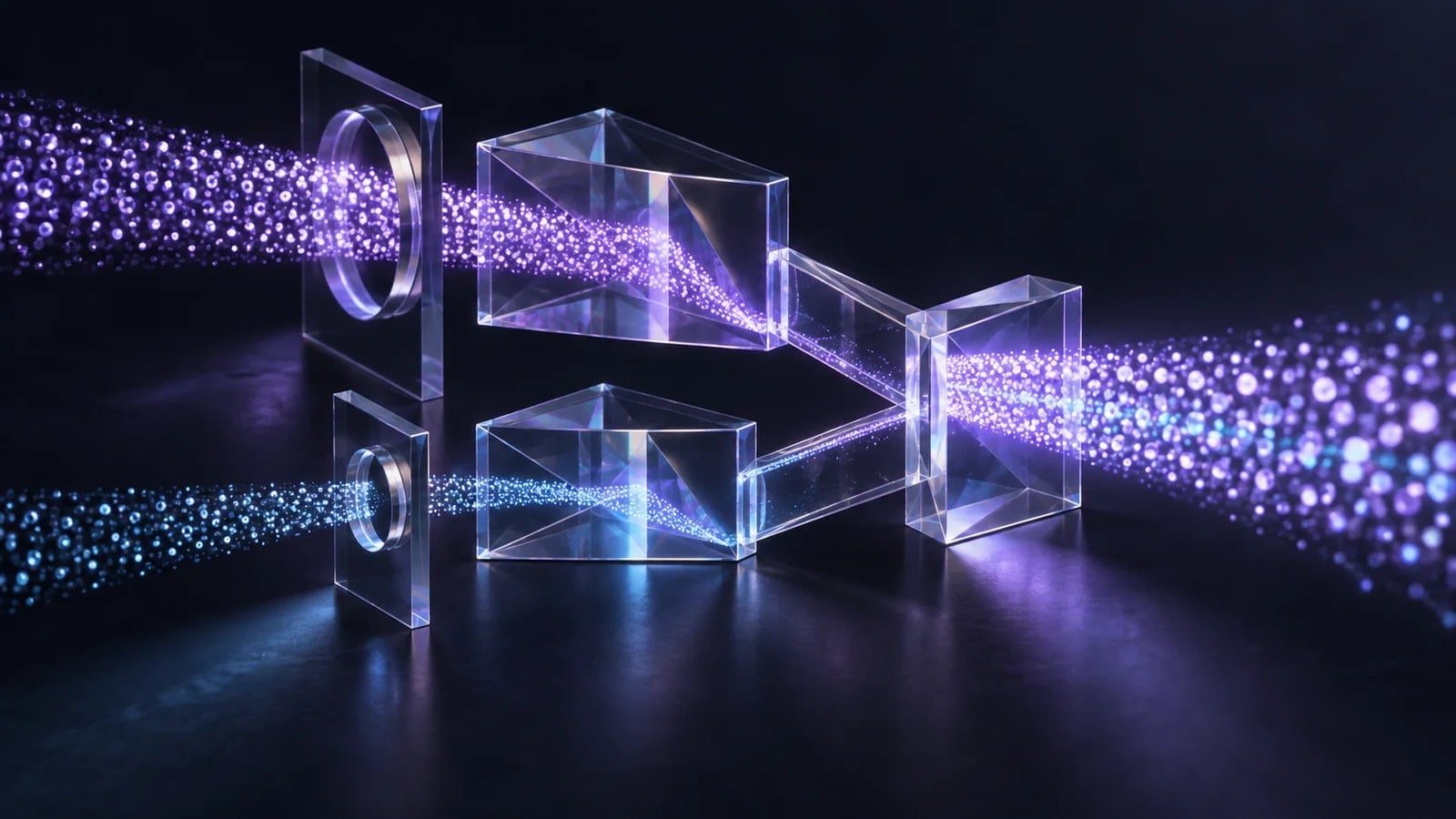 Two violet glass particle streams pass through different apertures before combining, an abstract illustration of audience mix.