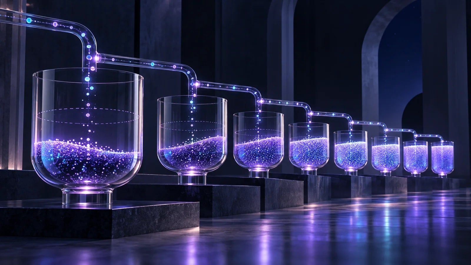 Suspended violet glass reservoirs gradually fill with luminous particles, illustrating conversion cohorts becoming more complete.