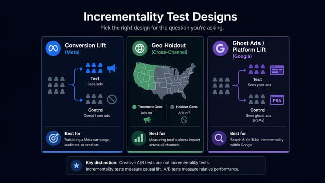 Three incrementality test designs side by side — Meta Conversion Lift, geo holdout, and ghost ads — each showing an exposed treatment group measured against a withheld control.