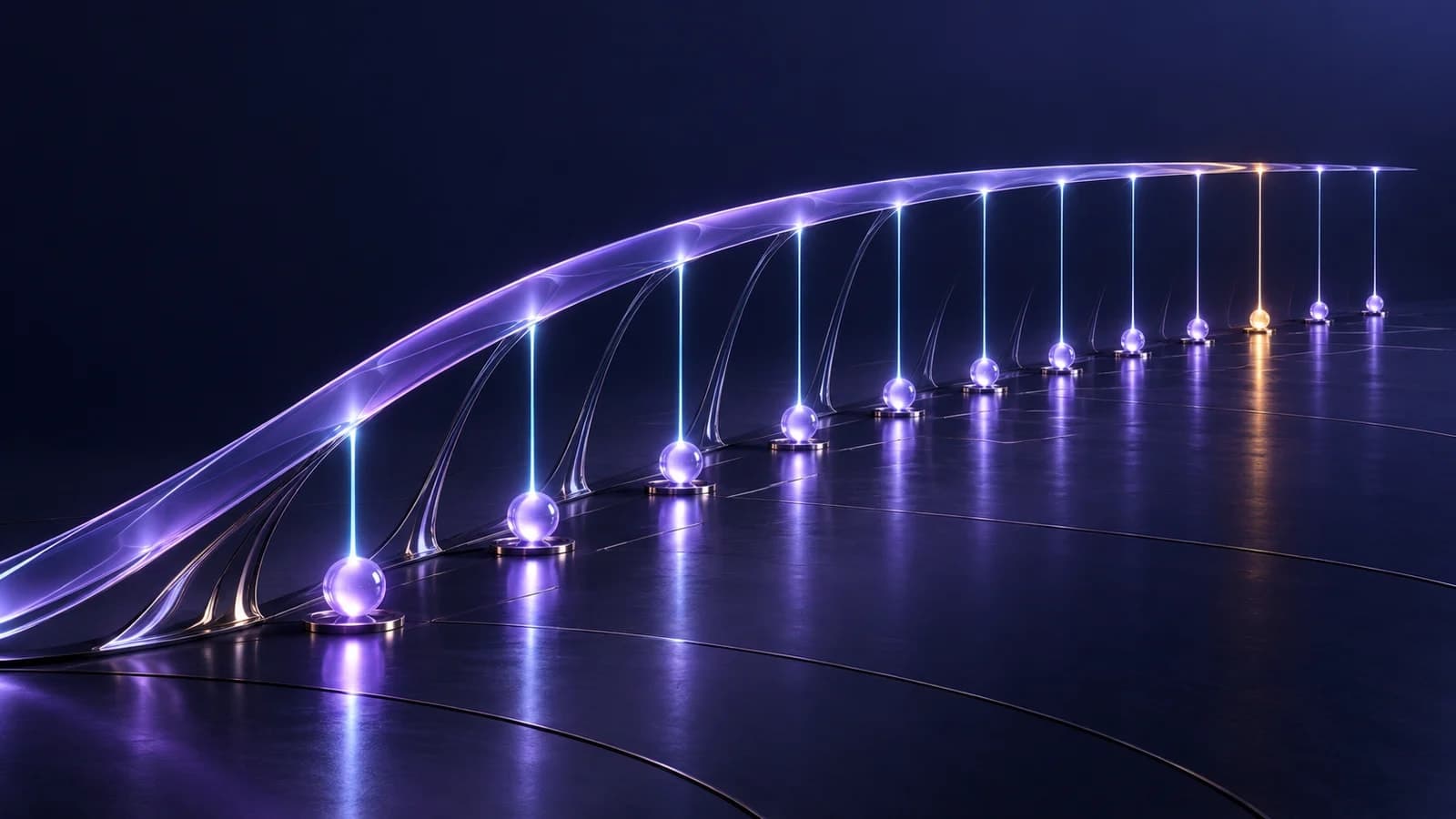 A violet glass ribbon rises then flattens above luminous markers, a conceptual sculpture of diminishing returns.