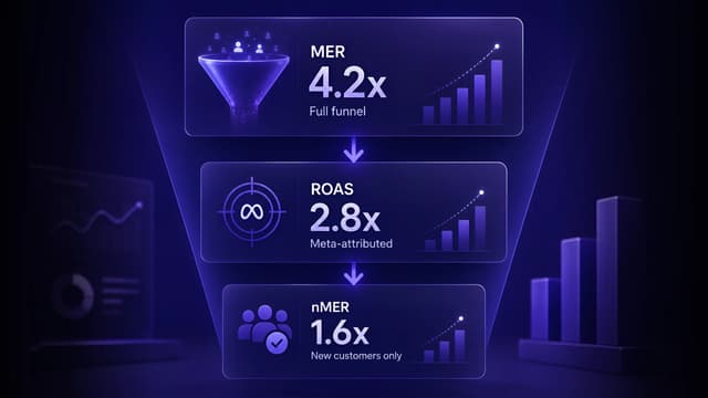 Three stacked dashboard cards funnelling from wide to narrow scope: MER 4.2x (full funnel), ROAS 2.8x (Meta-attributed), and nMER 1.6x (new customers only).