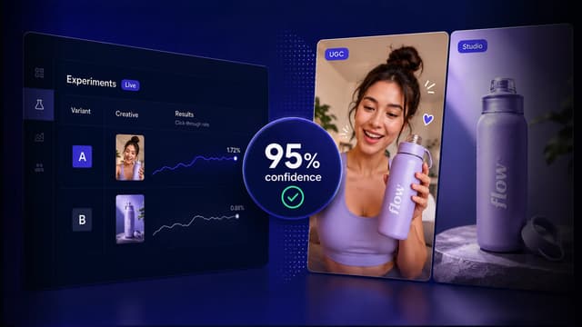 A Meta Experiments dashboard showing Variant A and Variant B click-through rates side by side with two ad creatives — a UGC lifestyle shot and a studio product shot — and a 95% confidence badge between them.