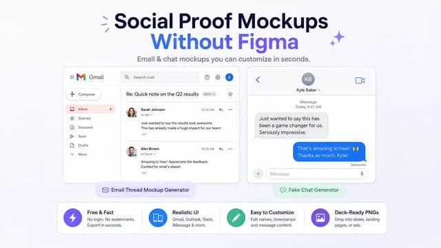 Marketing deck slide showing a Gmail email thread mockup beside an iMessage chat screenshot — social proof built with free AdSights generators.
