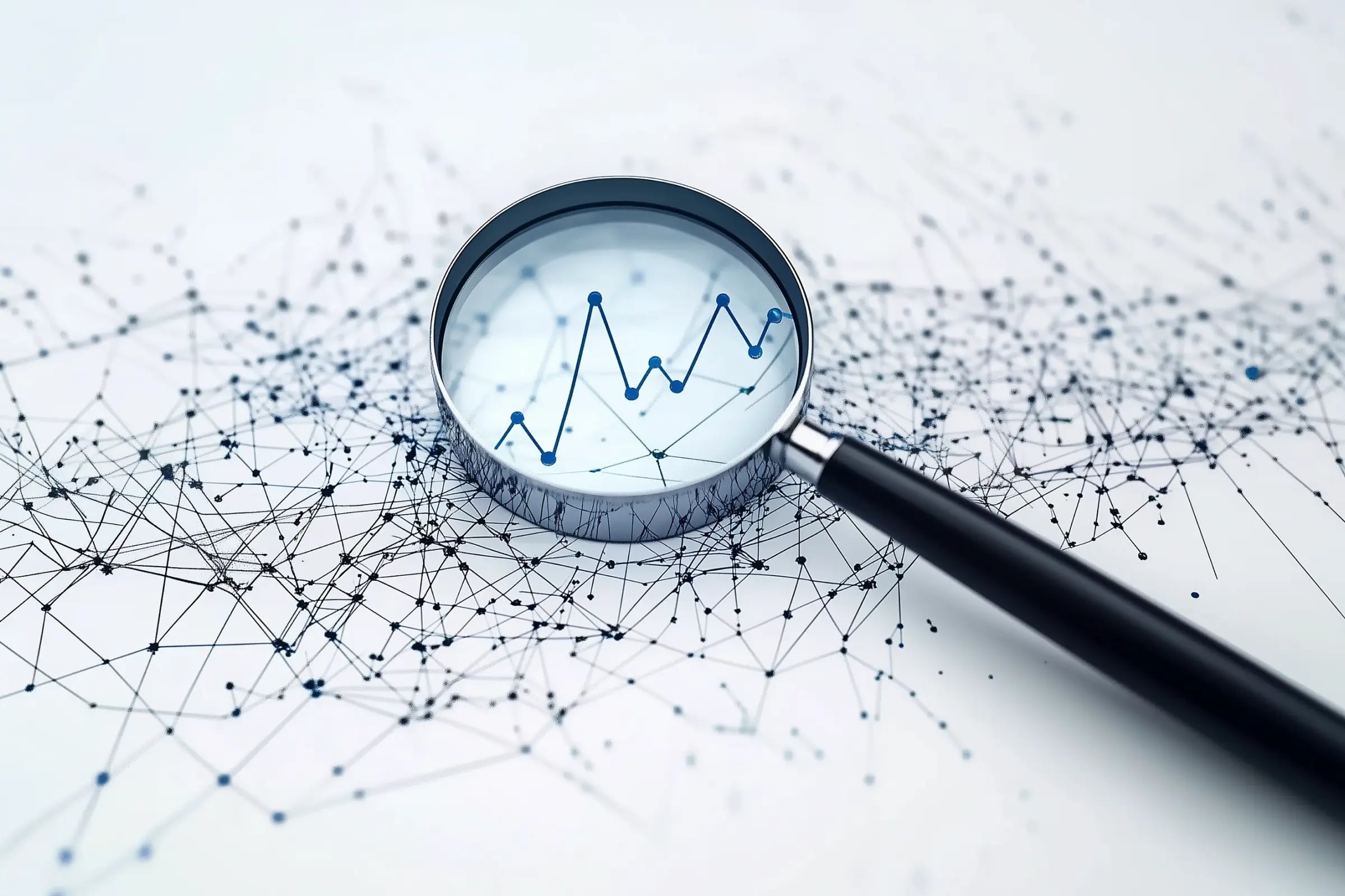 Magnifying glass focusing on a clear blue trend line graph against a background of chaotic interconnected data points and network nodes. The magnifying glass isolates a meaningful pattern from the complex web of information, visually representing the concept of distinguishing signal from statistical noise in marketing data.