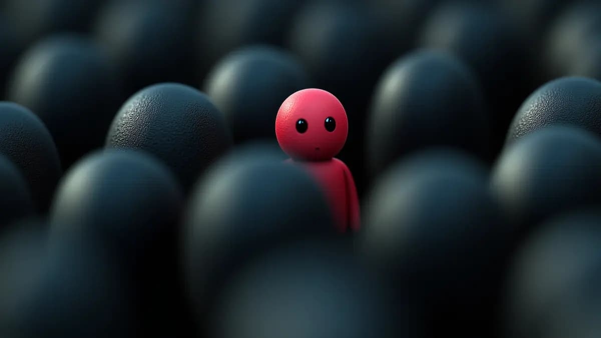 A single red figure with a simple face stands out among a crowd of identical black spheres, emphasizing its uniqueness and separation from the surrounding uniform objects. The red figure is clearly visible in sharp focus while the black spheres fade into a blurred background.