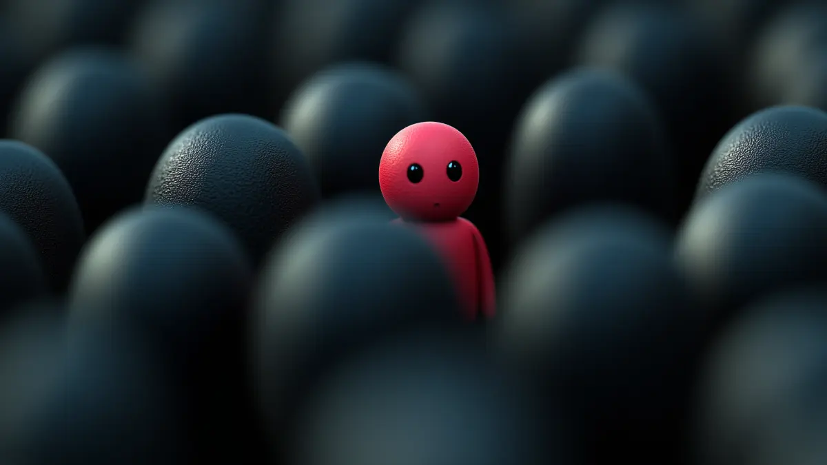 A single red figure with a simple face stands out among a crowd of identical black spheres, emphasizing its uniqueness and separation from the surrounding uniform objects. The red figure is clearly visible in sharp focus while the black spheres fade into a blurred background.