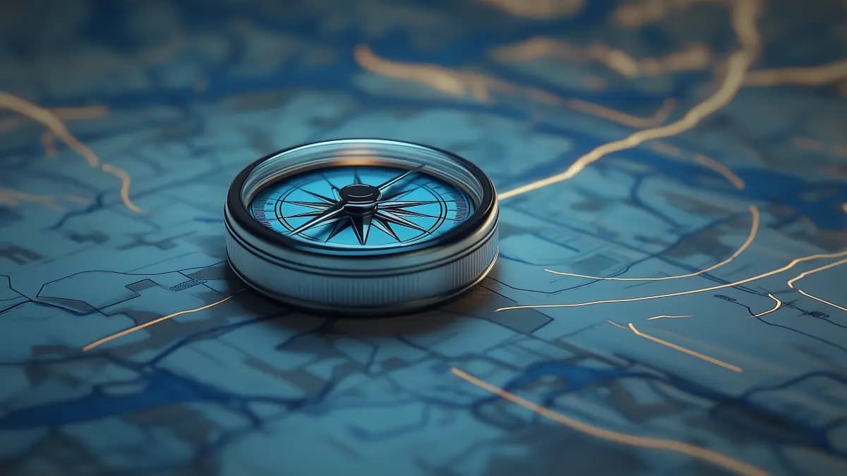 A minimalist illustration of a compass resting on a map, with the north direction illuminated. The background shows several faded paths heading in different directions, symbolizing various marketing approaches.