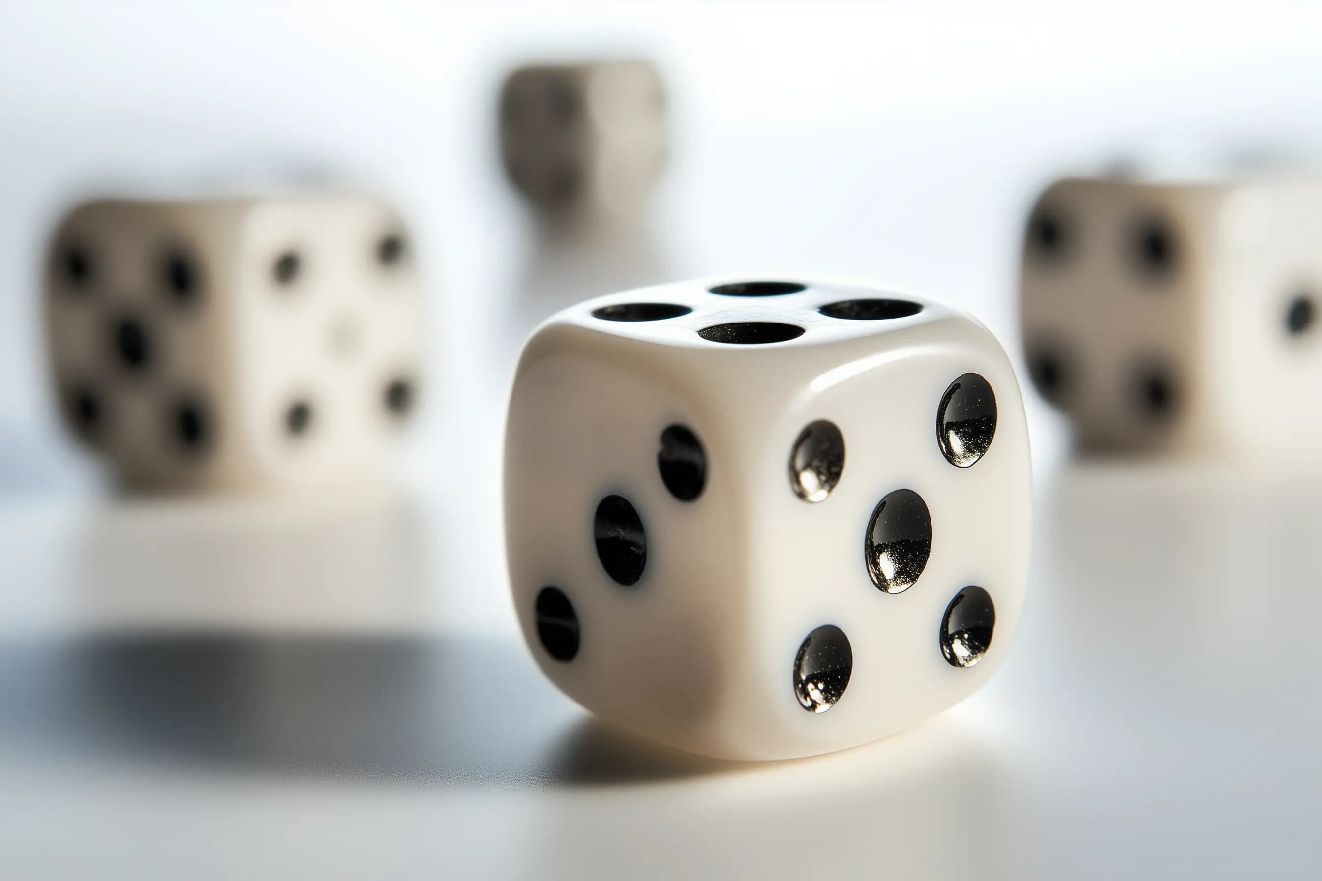 Several identical dice rolled across a surface with one die showing a six highlighted by a spotlight. Illustrates how running multiple simultaneous tests naturally produces 'winners' by random chance alone, leading to false conclusions.
