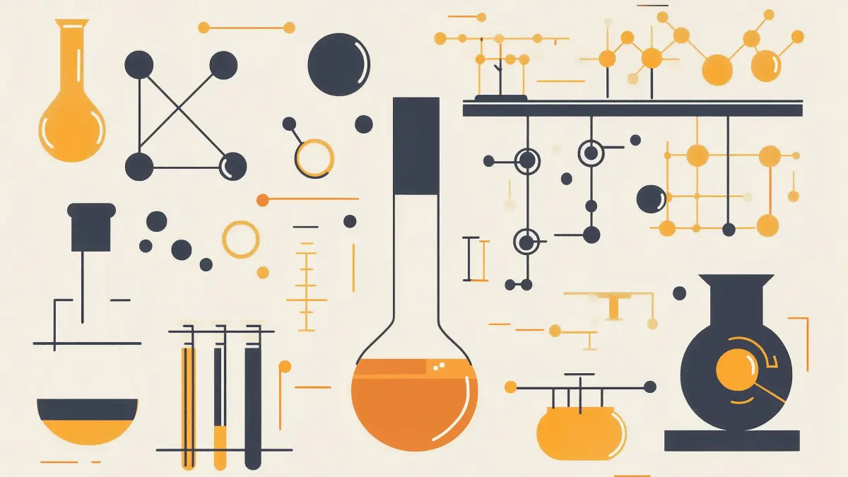 Abstract illustration depicting hypothesis-driven testing methodology in marketing. Laboratory equipment such as flasks, test tubes, and beakers in orange and navy blue represent the scientific experimentation process. Network diagrams and connection nodes symbolize data relationships being systematically analyzed. The organized visual elements against a neutral background reflect the structured, methodical approach to testing marketing hypotheses rather than random experimentation.