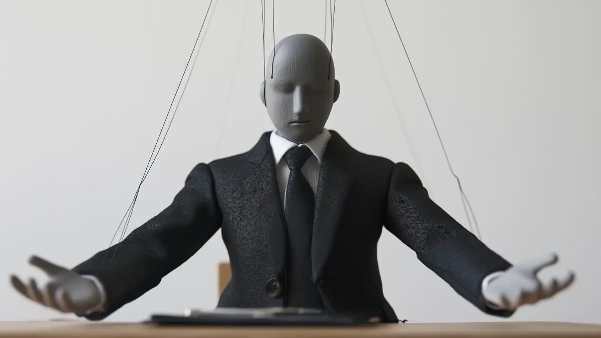 Business doll portrayed as a marionette puppet with visible strings controlling their movements while sitting at a desk. Symbolizes the illusion of control in marketing when relying on insufficient data.