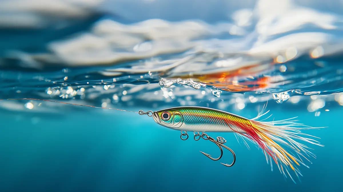 Split-view image showing a colorful fishing lure above water appearing attractive and enticing, while the underwater view reveals it's just a sharp hook. Illustrates how misleading early results can hide the true nature of marketing data.