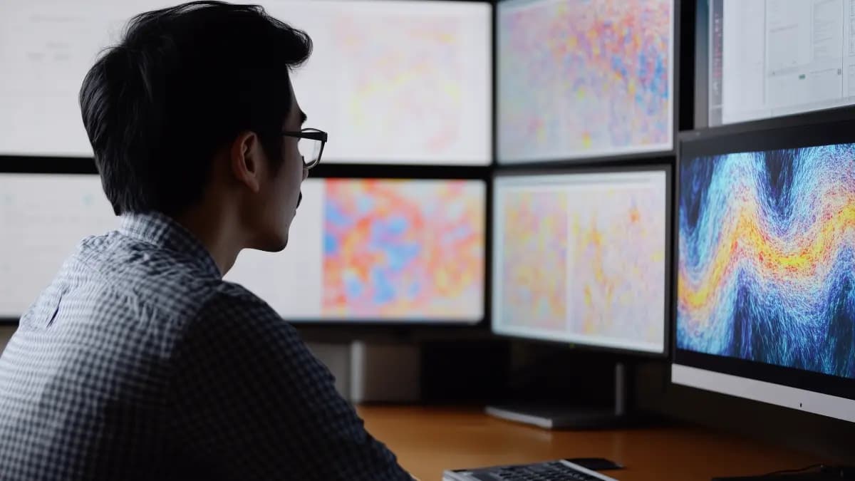 A data analyst in a checkered shirt and glasses views multiple computer screens displaying colorful data visualizations. The screens show various analytical dashboards with heat maps, scatter plots, and flow patterns, with one screen prominently featuring a vibrant yellow and blue wave-like data pattern.