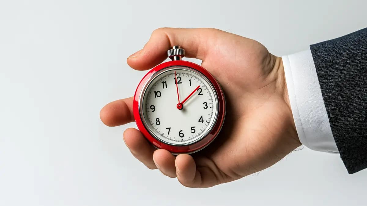 Close-up of a businessman's hand reaching for a large red stopwatch with visible ticking hand. Represents the pressure to make quick marketing decisions before collecting sufficient data.
