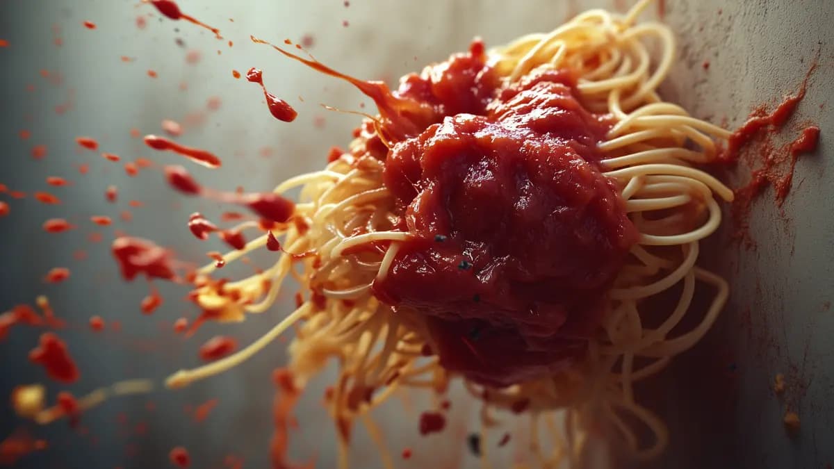 A batch of spaghetti strands thrown at a wall with some sticking and others falling. Represents the ineffective 'see what sticks' approach to marketing testing without proper methodology.