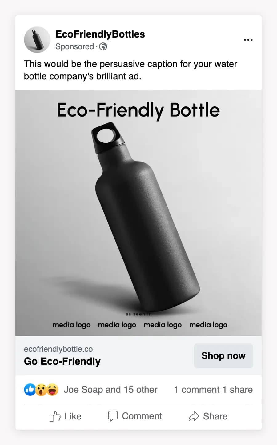 Eco-friendly water bottle tilted to the left in a Facebook ad mockup