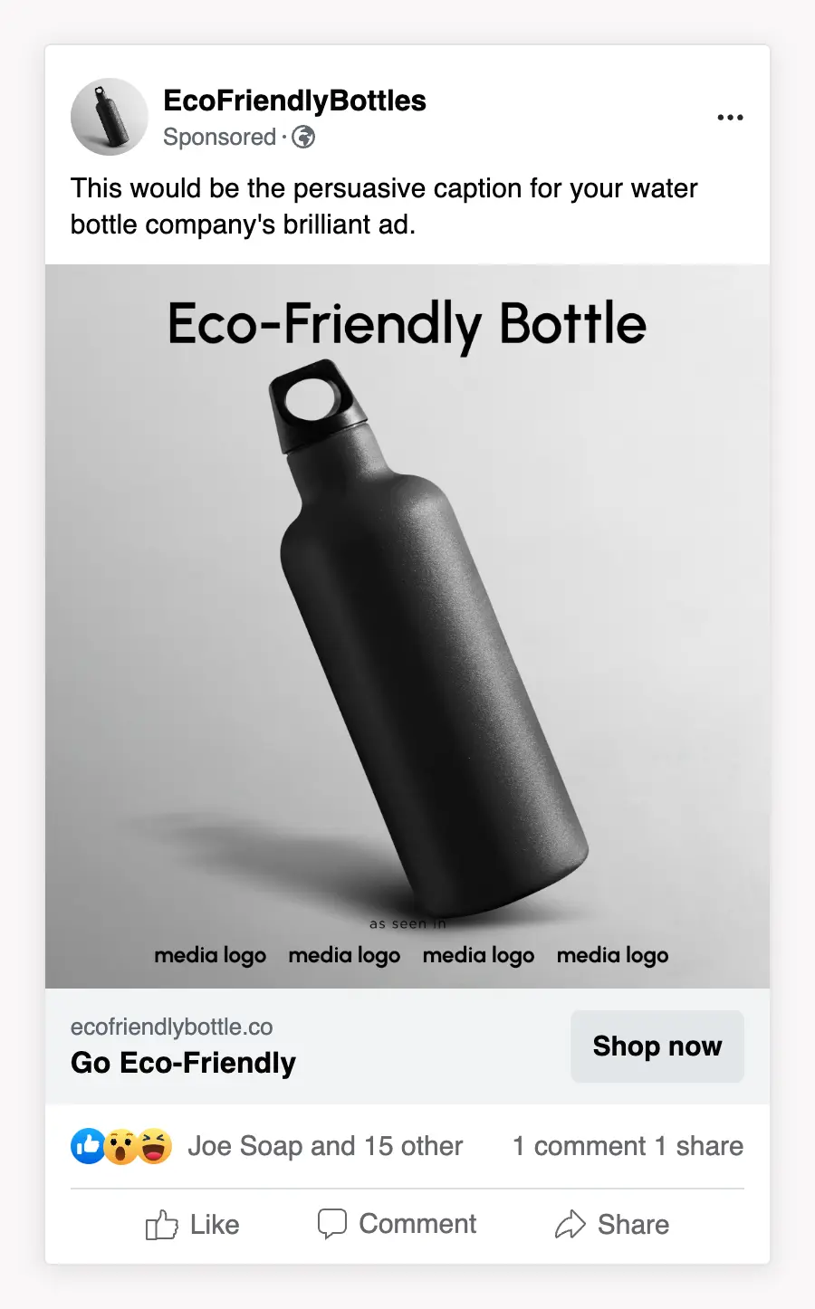 Eco-friendly water bottle tilted to the left in a Facebook ad mockup