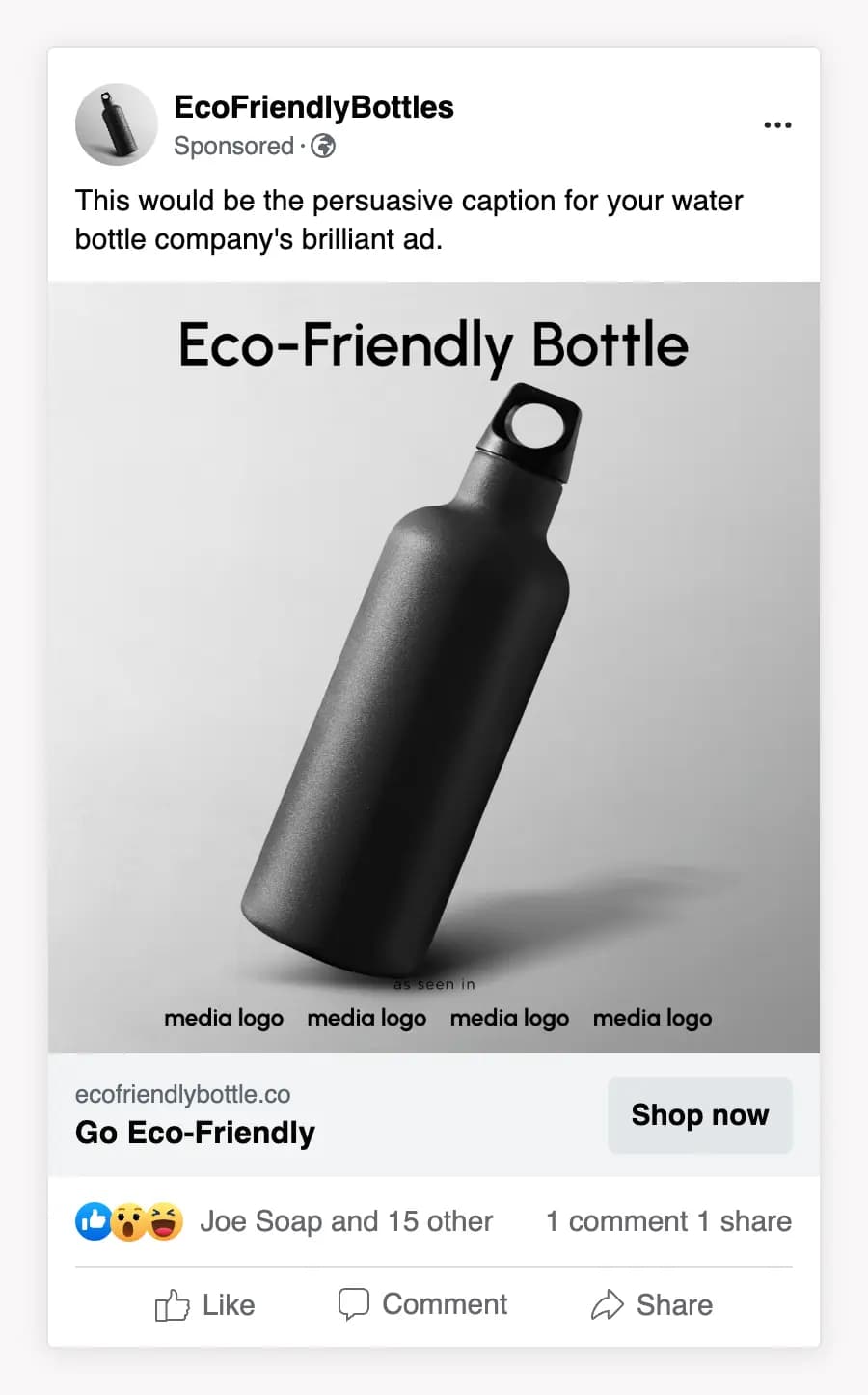 Eco-friendly water bottle tilted to the right in a Facebook ad mockup