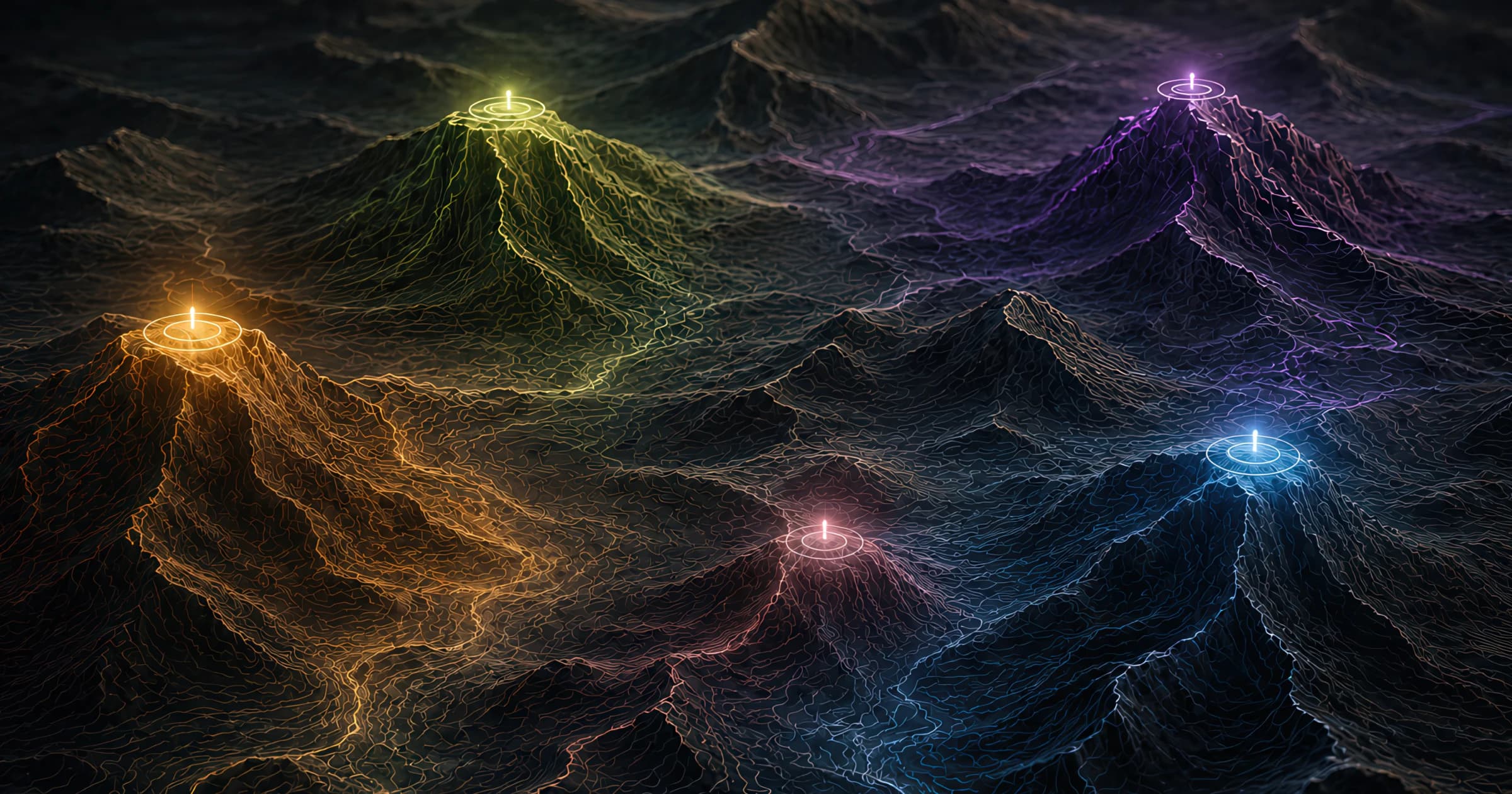 Five glowing mountain peaks of different heights and colours rising from a dark terrain, each crowned with a halo — a visual metaphor for how the 'good' ThruPlay benchmark peaks at a different altitude for each audience temperature, so a number that's a summit for cold prospecting is only a foothill for retargeting