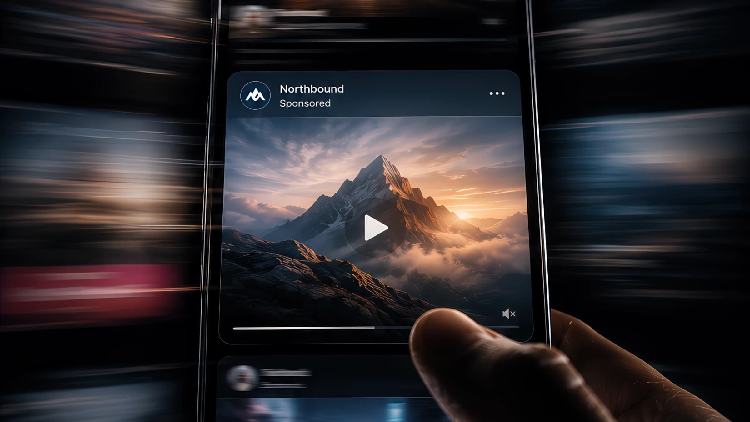 Smartphone in motion-blur scrolling past a sponsored video ad in a feed — illustrating the half-second window in which a viewer decides to keep watching or swipe past, which is where most ThruPlay-rate gains live