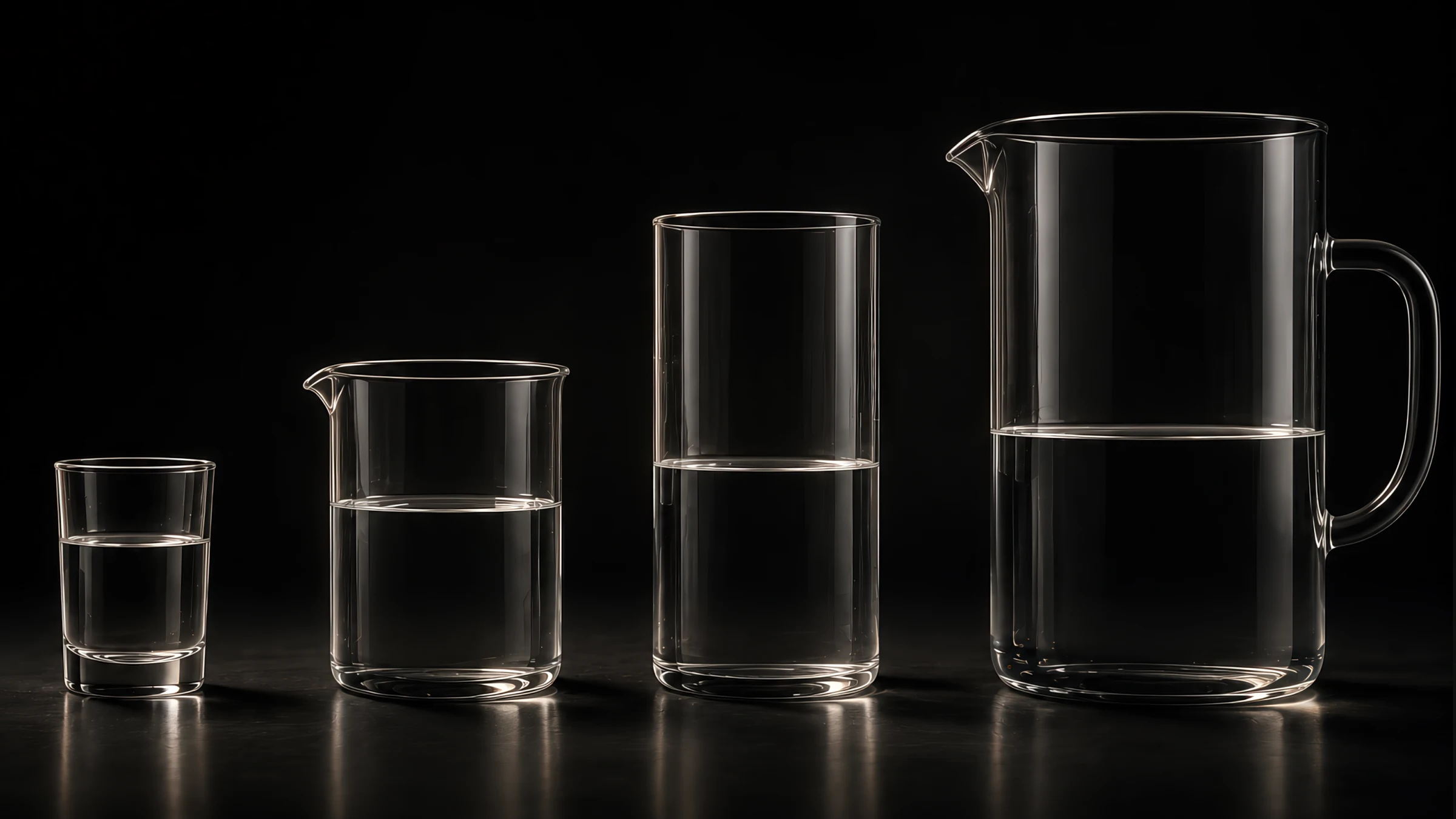 Four glass vessels of different sizes — a shot glass, two cylindrical tumblers, and a tall pitcher — each filled to roughly the same waterline; visual metaphor for why a single ThruPlay-rate number means different things depending on the size of the container (video length, audience temperature, placement)