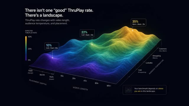 Three-dimensional ThruPlay rate landscape — expected ThruPlay rate plotted across video length (15s–90s+), placement (Feed → Stories → Reels), and audience temperature (Cold → Lookalike → Retargeting → Customers); peaks at 35% on warm Reels 15s, dips to 10% on cold Feed 60s
