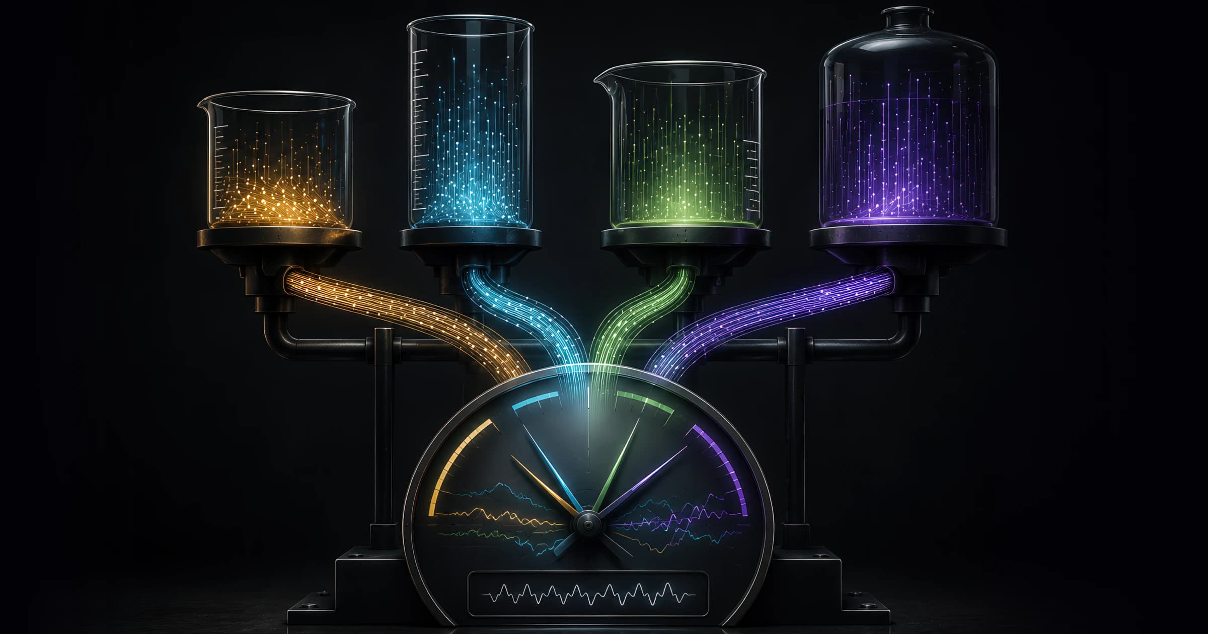 Four glowing laboratory beakers — orange, blue, green, purple — each pouring a distinct stream of data particles down into a single gauge at the centre, illustrating how hook rate, hold rate, ThruPlay rate, and completion rate are four separate signals that get wrongly blended into one 'video did well' reading