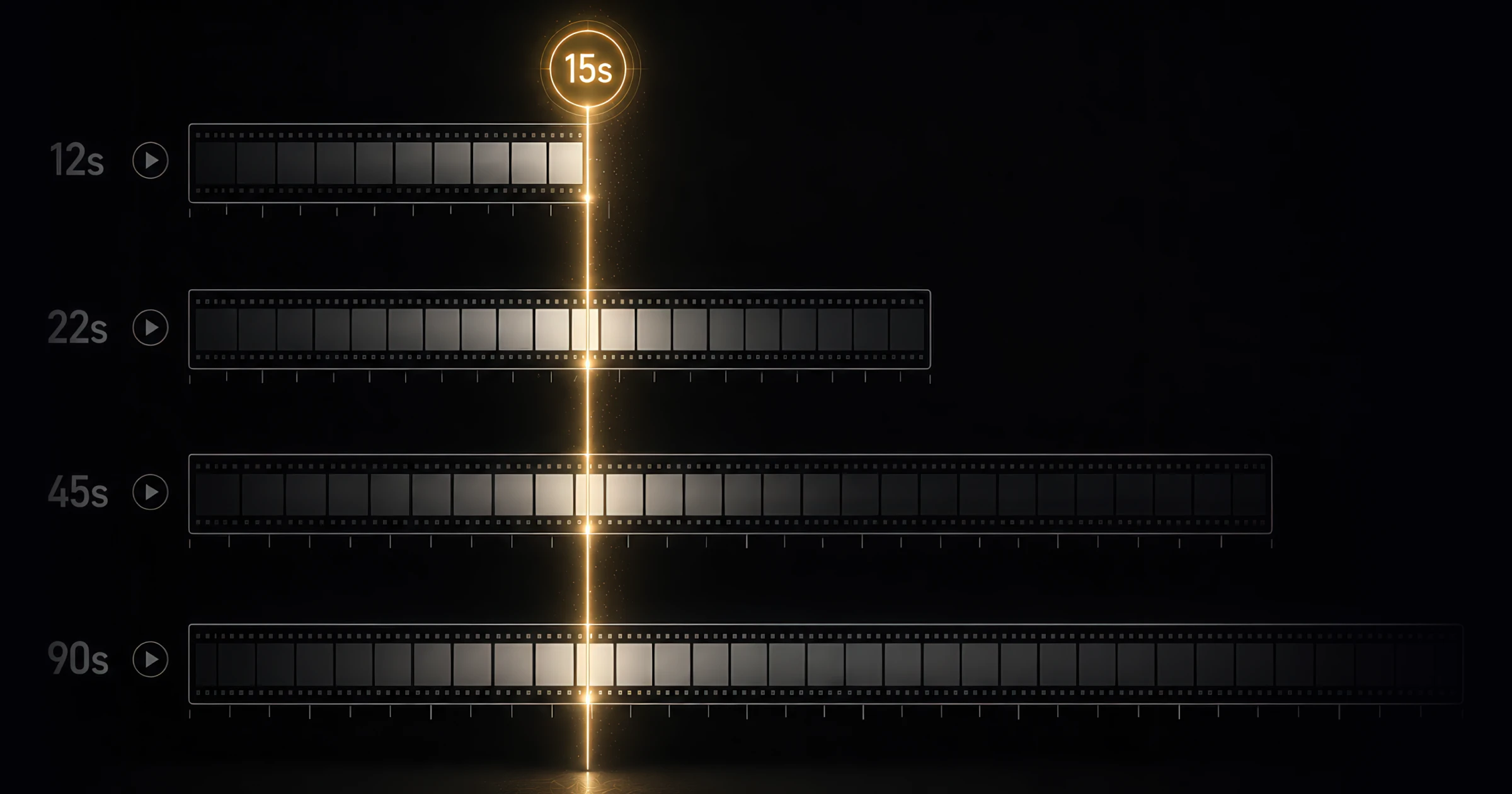Four film strips of increasing length (12s, 22s, 45s, 90s) all crossing a single glowing 15-second threshold marker — illustrating that Meta's fixed 15-second ThruPlay threshold sits at a wildly different fraction of each creative, so the same threshold is trivial for a 12s ad and punishing for a 90s ad