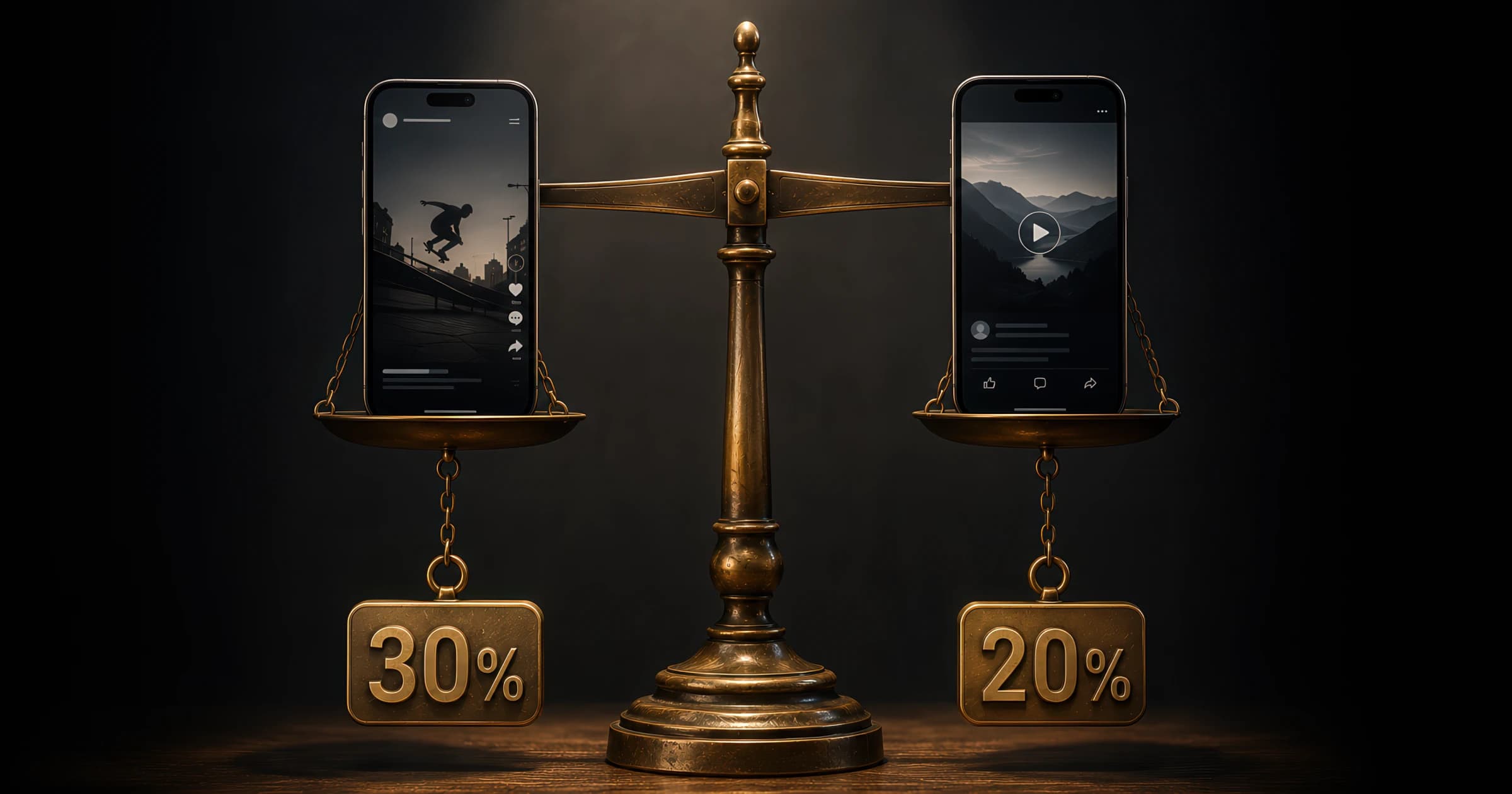 Side-by-side product render of TikTok, Instagram, and iPhone-style video ad mockups arranged on a balance — illustrating that the surface format and threshold definition differ per platform even when the underlying ad creative is identical