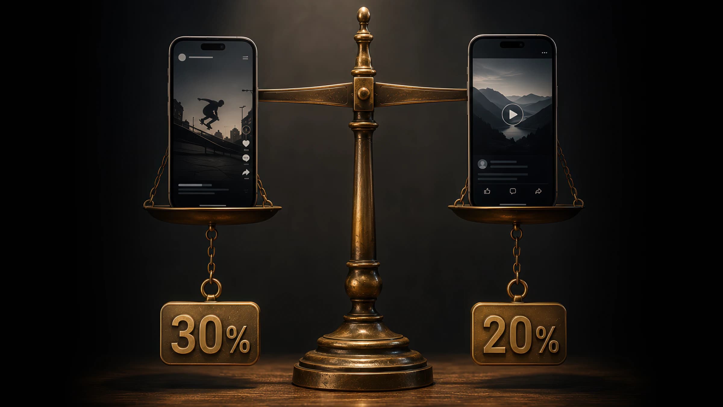 Alternate balance-beam render showing TikTok 2s, TikTok 6s, Meta ThruPlay, and YouTube TrueView cubes — same word, different weight at each threshold