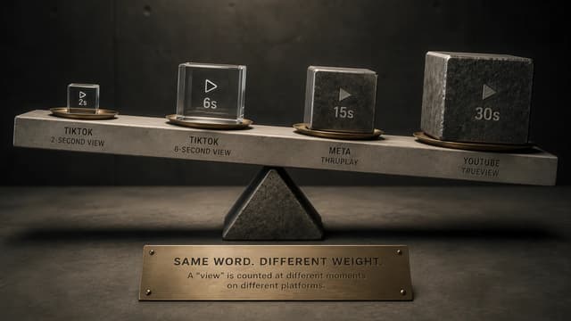 Stone balance beam with four cubes labelled TikTok 2-Second View, TikTok 6-Second View, Meta ThruPlay, and YouTube TrueView — escalating in size with their time threshold; brass plaque reads 'SAME WORD. DIFFERENT WEIGHT. A view is counted at different moments on different platforms.'