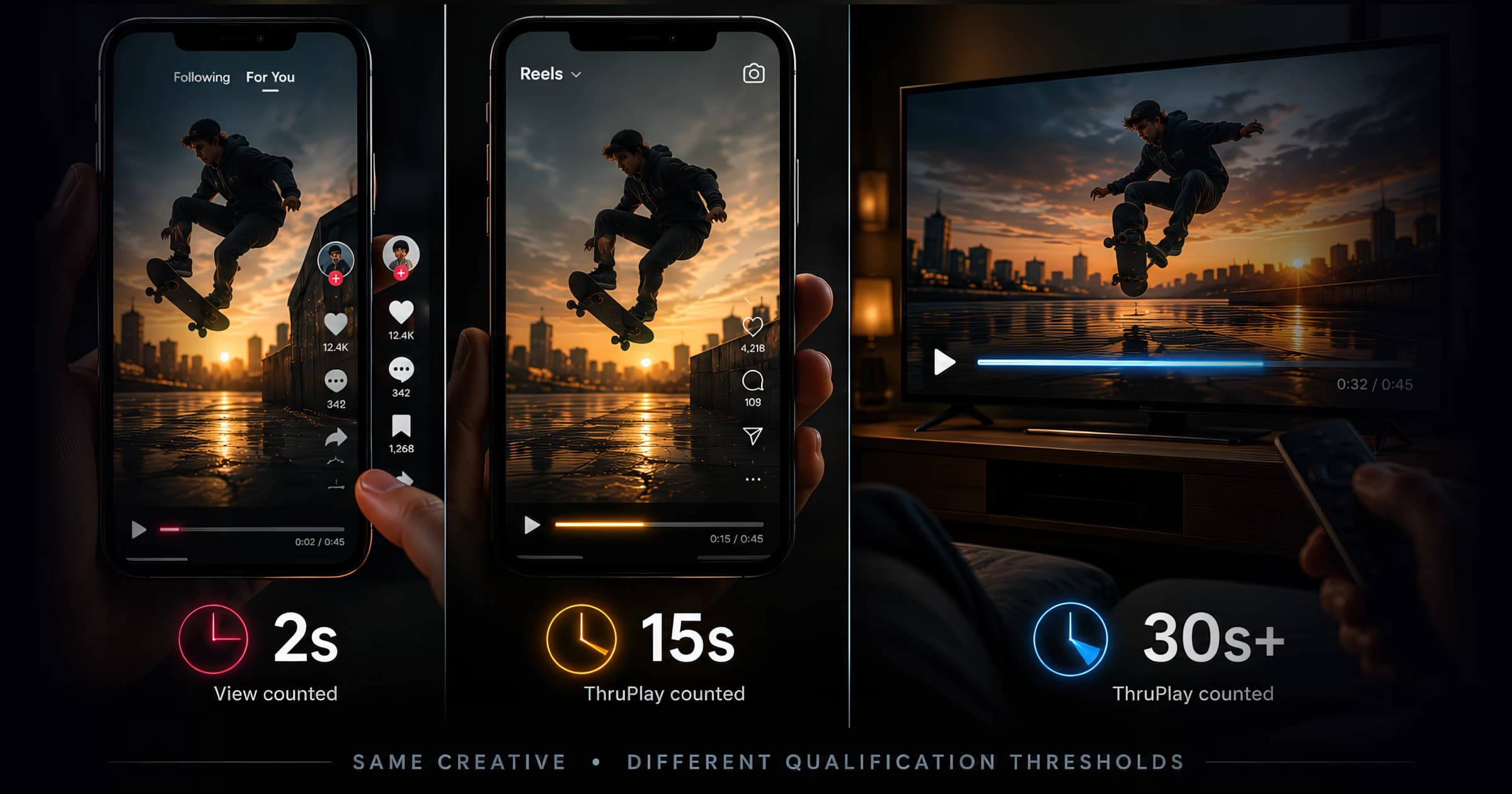 The same skateboarding creative shown on three surfaces side by side — a TikTok phone with '2s view counted', an Instagram Reels phone with '15s ThruPlay counted', and a CTV screen with '30s+ ThruPlay counted' — under the line 'Same creative. Different qualification thresholds.'