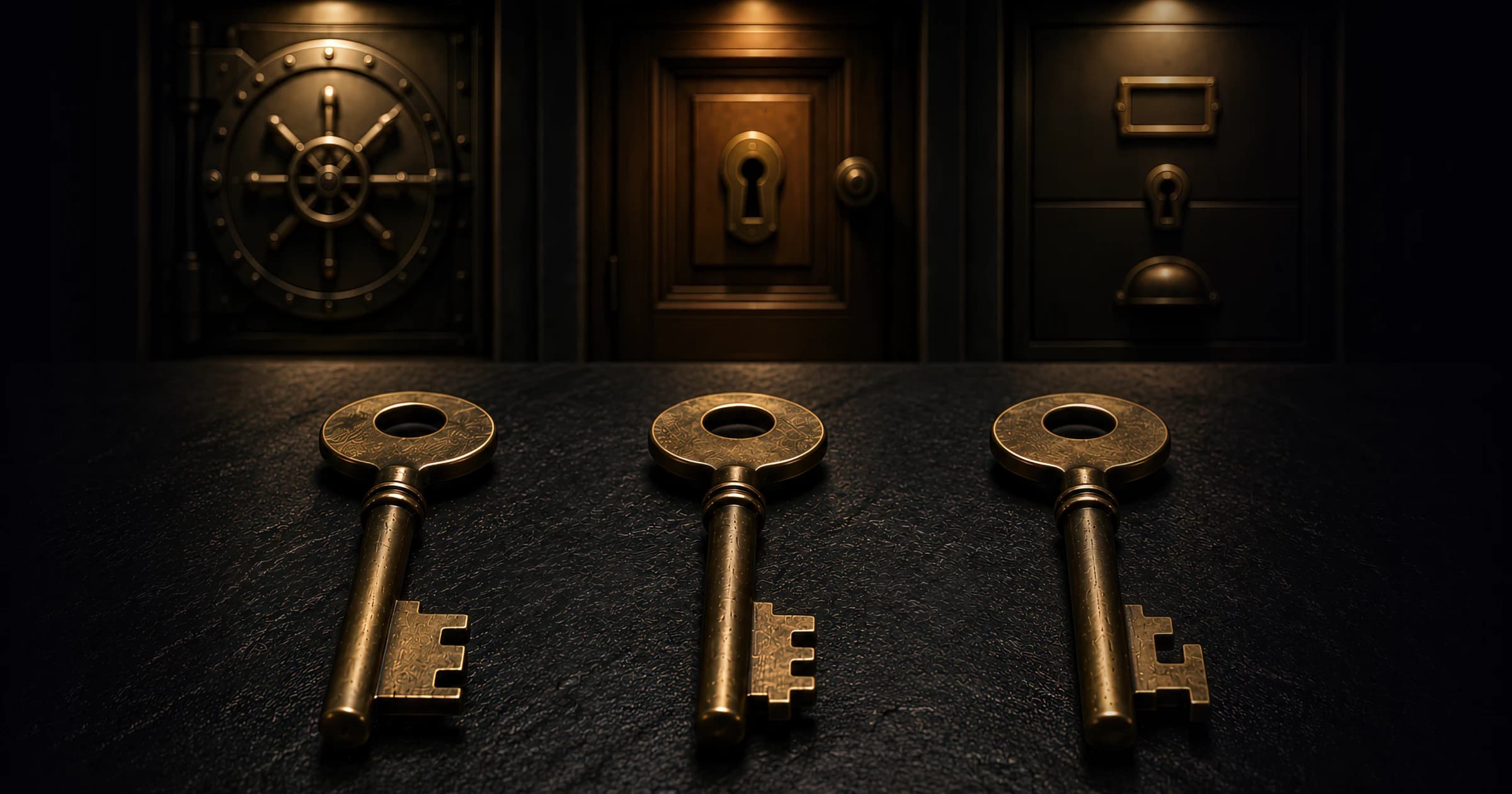 Three near-identical brass keys laid out below three different locks — a round vault dial, a keyhole door, and a cabinet latch — a visual metaphor for one acronym (VTR) that looks like a single key but actually unlocks two completely different things: a YouTube view-rate metric and a post-view attribution metric