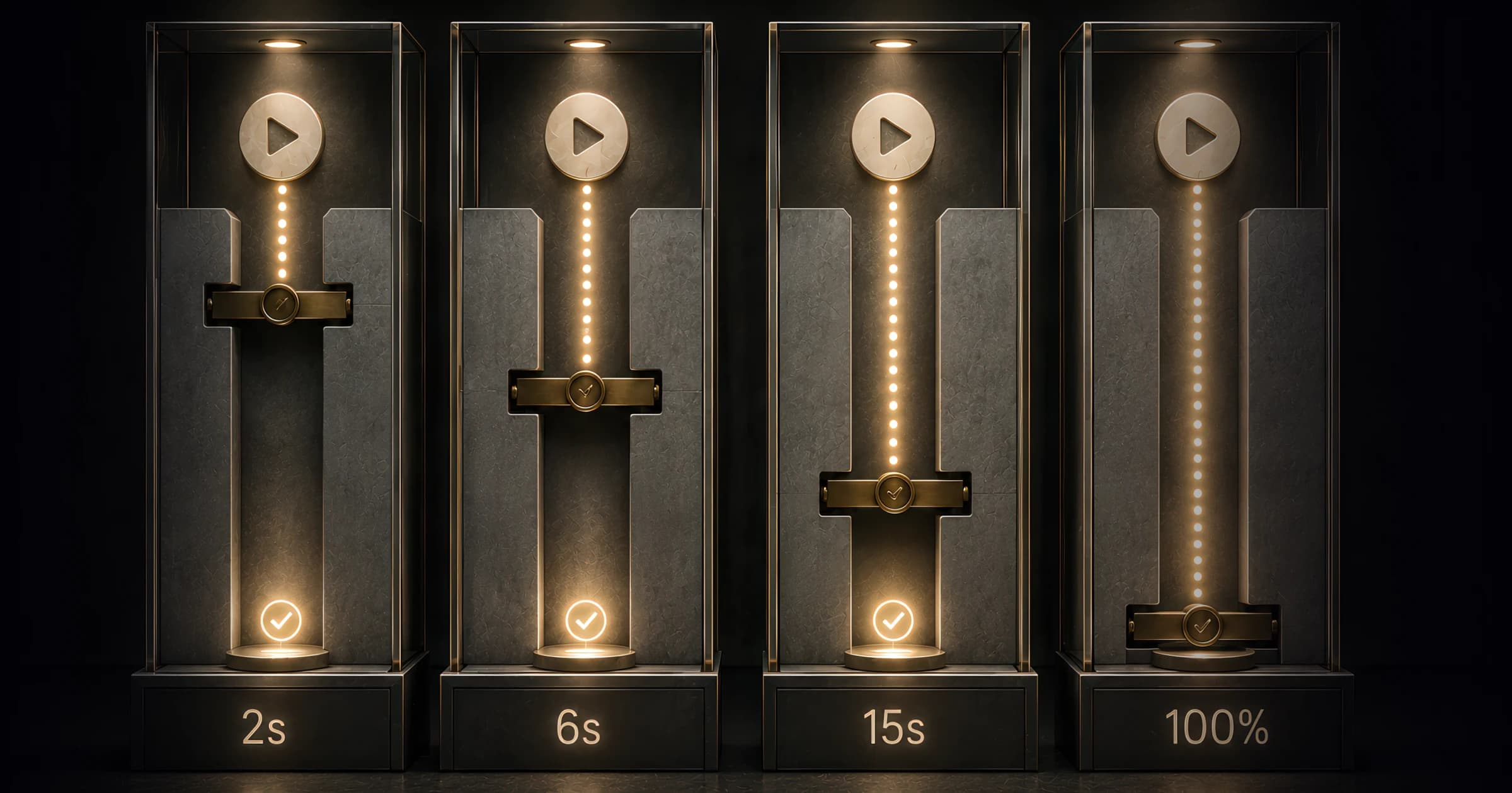 Four glass display cases in a row, each holding a play-button on a brass slider that stops at a different height — 2s, 6s, 15s, and 100% — a schematic of how TikTok's 2-second view, a 6-second focused view, Meta ThruPlay's 15-second mark, and VCR's full completion each lock the 'view' at a different point on the same timeline
