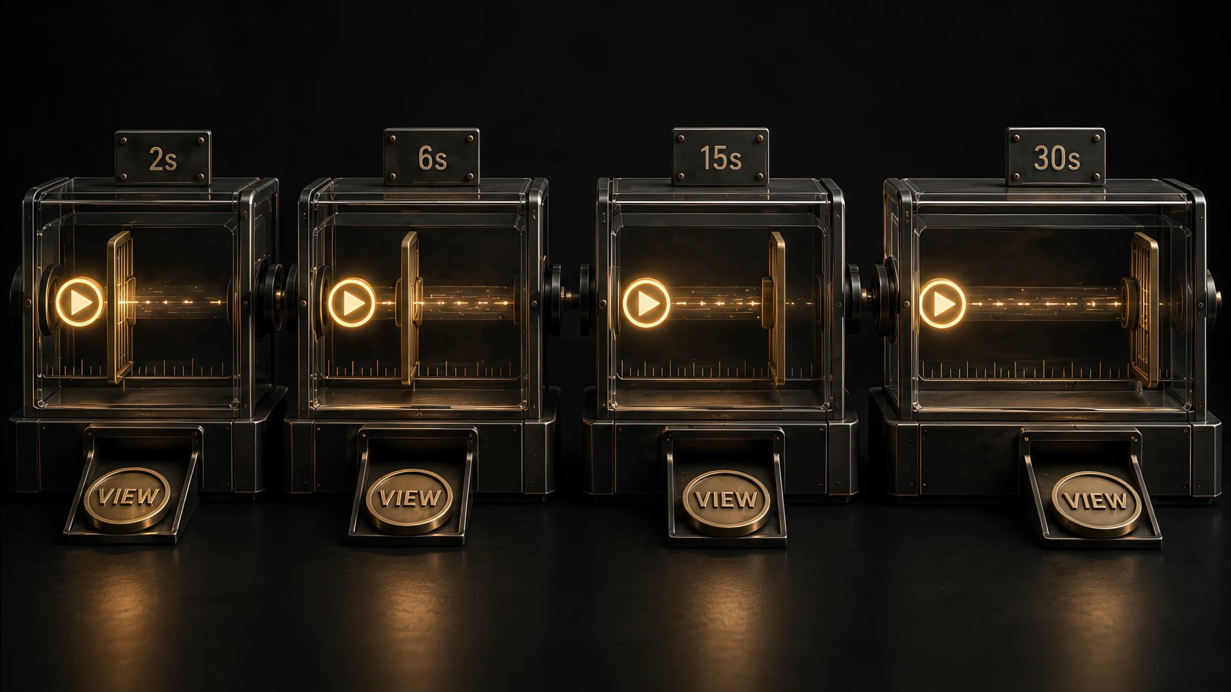 Four steampunk-styled brass chambers labelled 2s, 6s, 15s, and 30s — each minting a 'VIEW' coin only when its specific time-threshold is crossed; visual metaphor for how Meta ThruPlay, TikTok view, YouTube TrueView, and VCR each count a 'view' at a different threshold