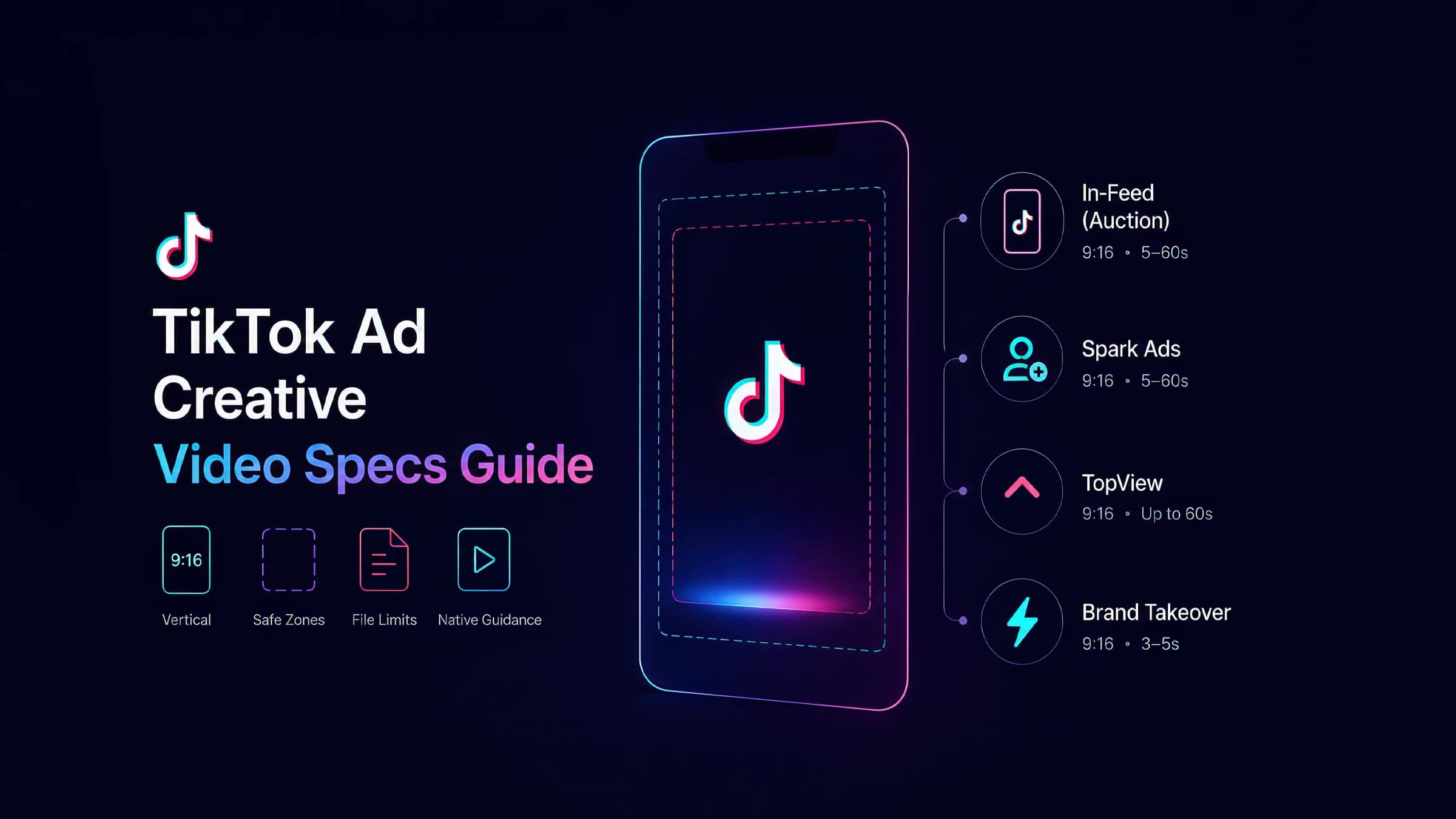 TikTok Video Ad Creative Specs Guide — In-Feed, Spark Ads, TopView, safe zones, and file requirements