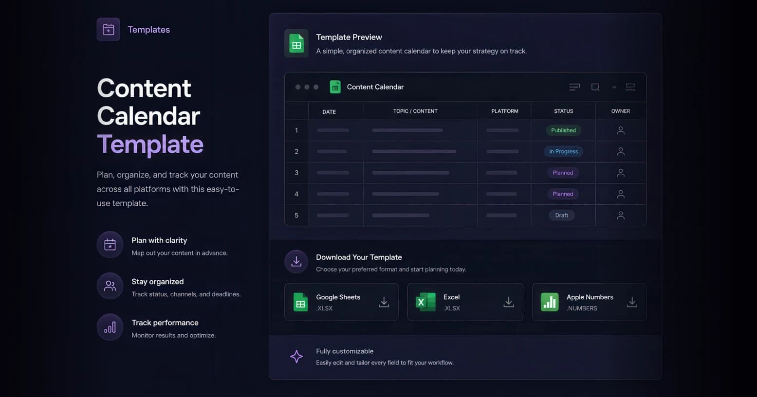 Content calendar template for planning and scheduling social media posts