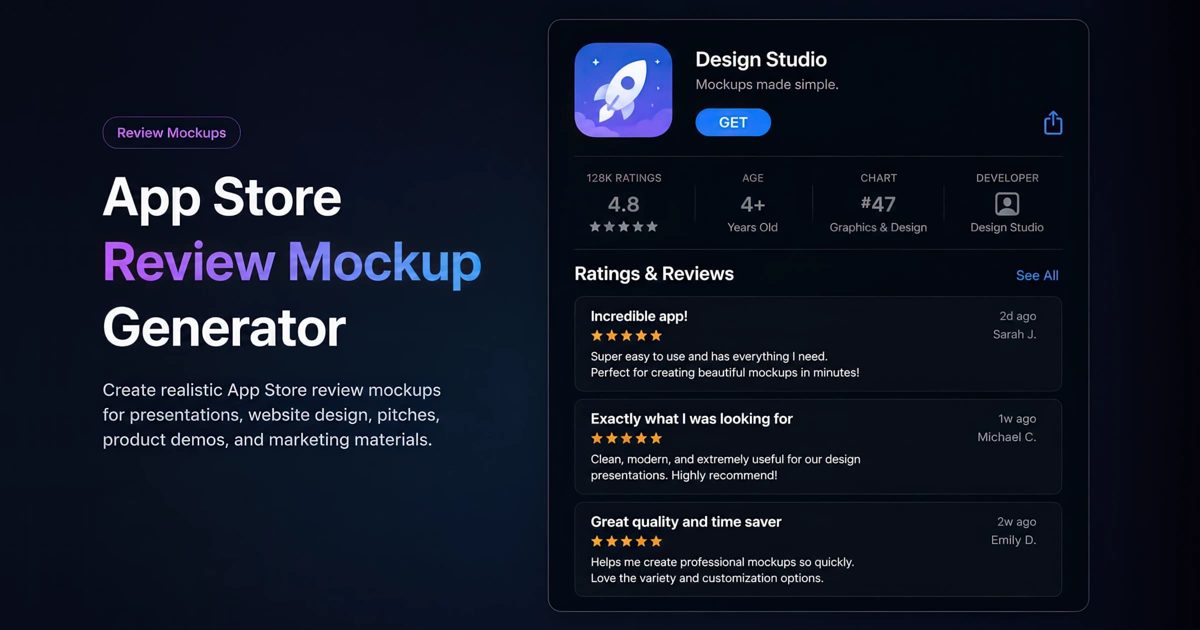 App Store product-page mockup with app header, rating summary, star-distribution histogram, and stacked reviews — created with the AdSights free generator.