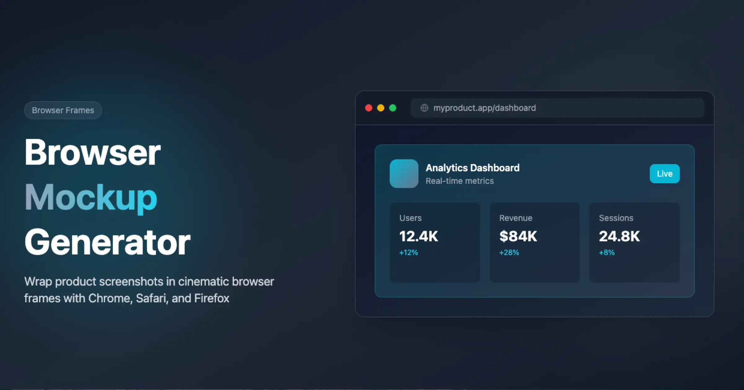 Browser mockup generator with gradient background and Chrome window preview