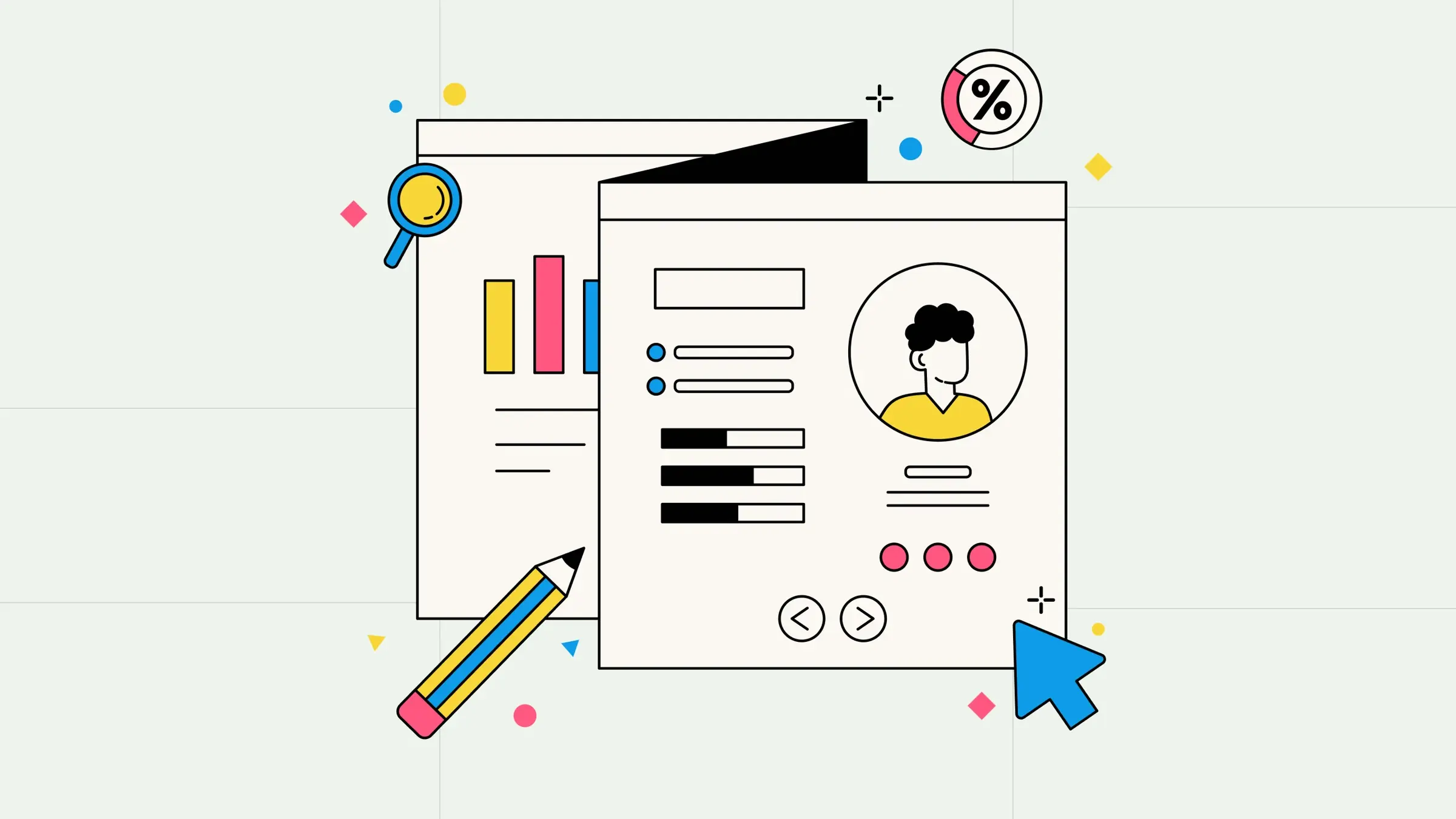 Interactive Buyer Persona Generator tool illustration showing demographic, psychographic, and behavioral data visualization for digital marketing campaigns