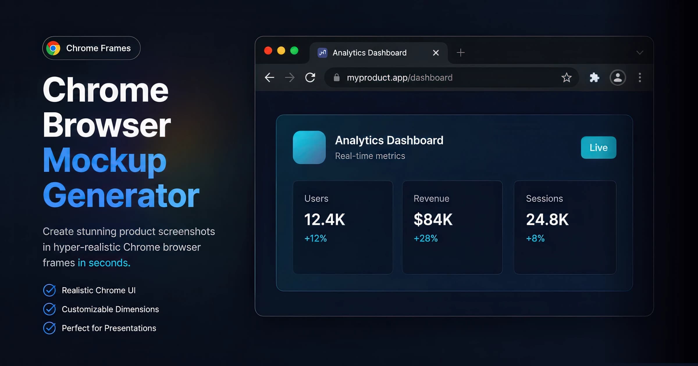 Chrome browser mockup with tab strip, omnibox, and a product dashboard screenshot — created with the AdSights free generator.
