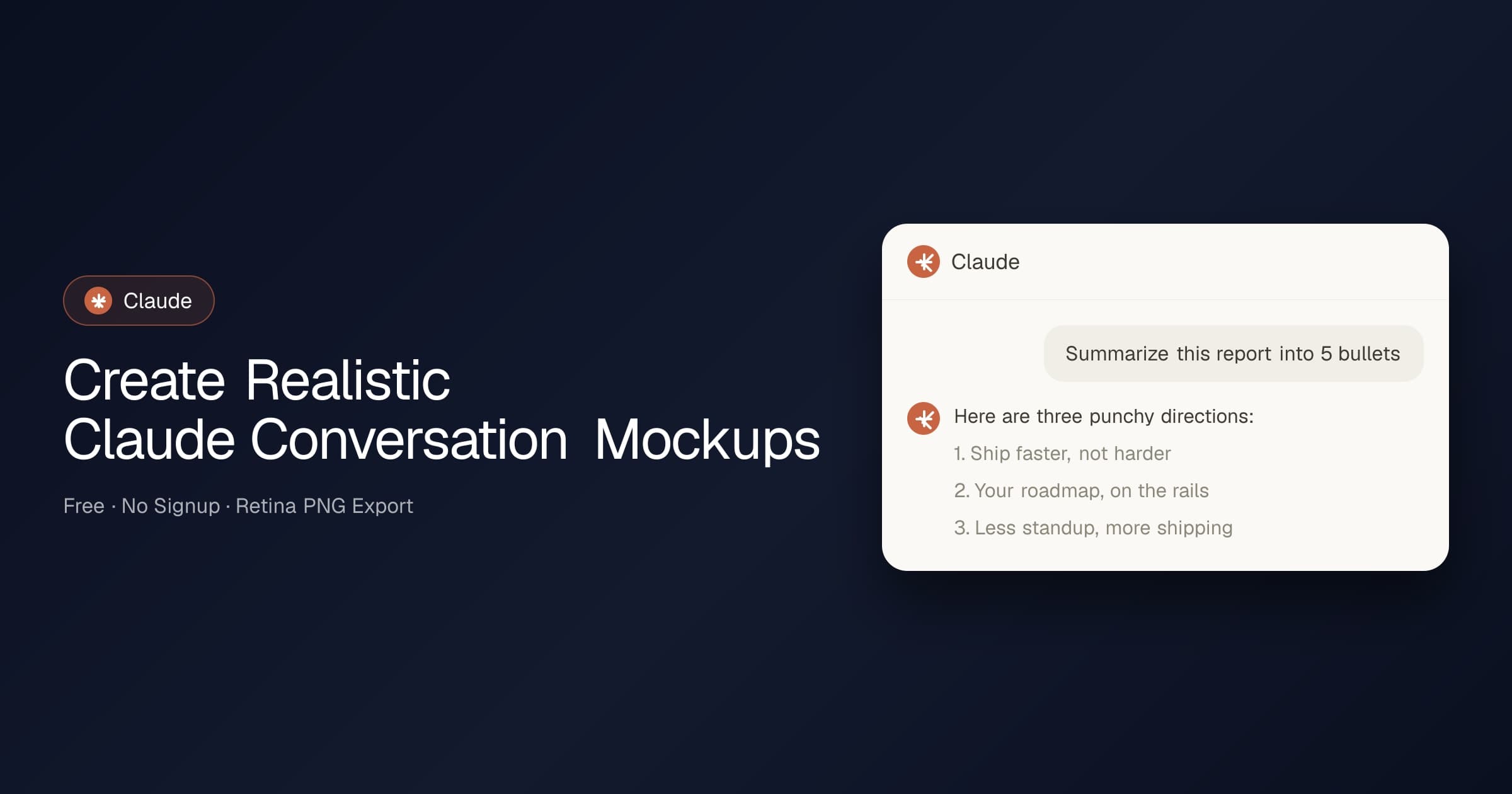 Claude conversation mockup with a prompt and a formatted assistant reply — created with the free AdSights generator.