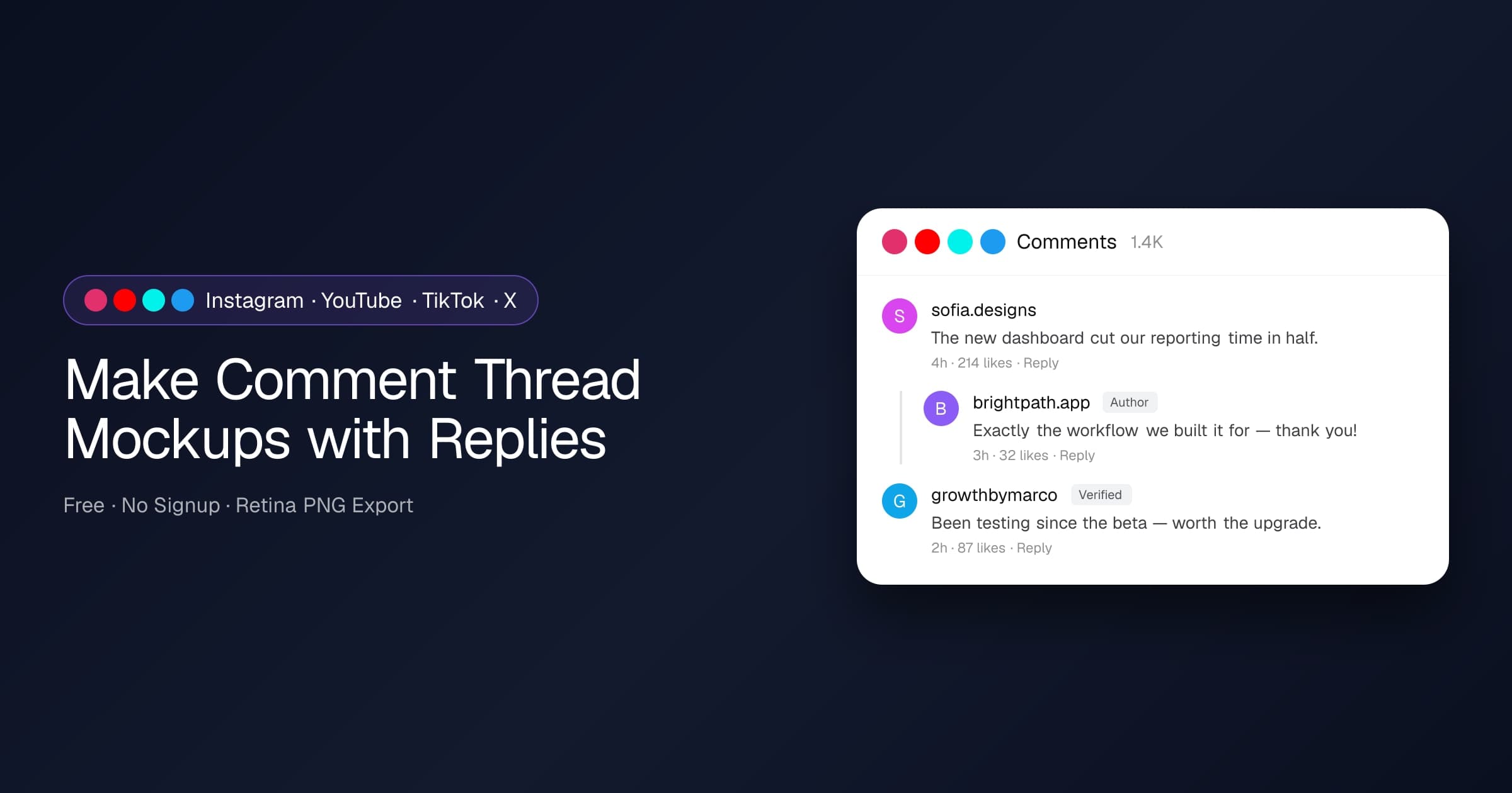 Comment thread mockup with nested replies, likes, and verified badges for Instagram, YouTube, TikTok, and X — created with the AdSights free generator.