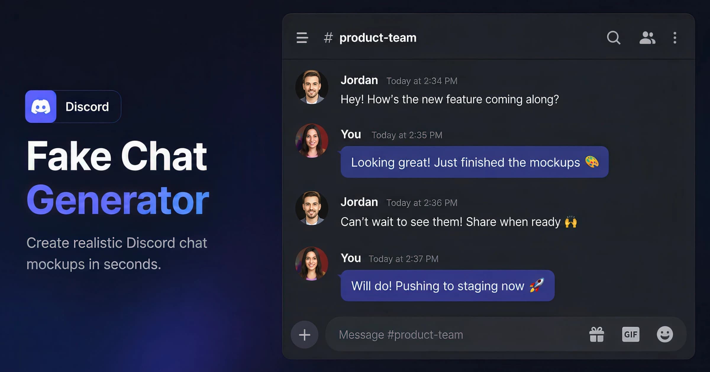 Discord chat mockup with server rail, channel sidebar, coloured usernames, and grouped messages — created with the AdSights free generator.