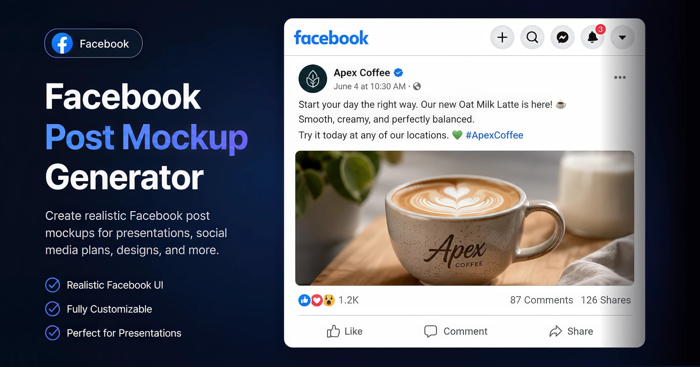 Facebook post mockup with reactions, comments, and shares — created with the AdSights free generator.