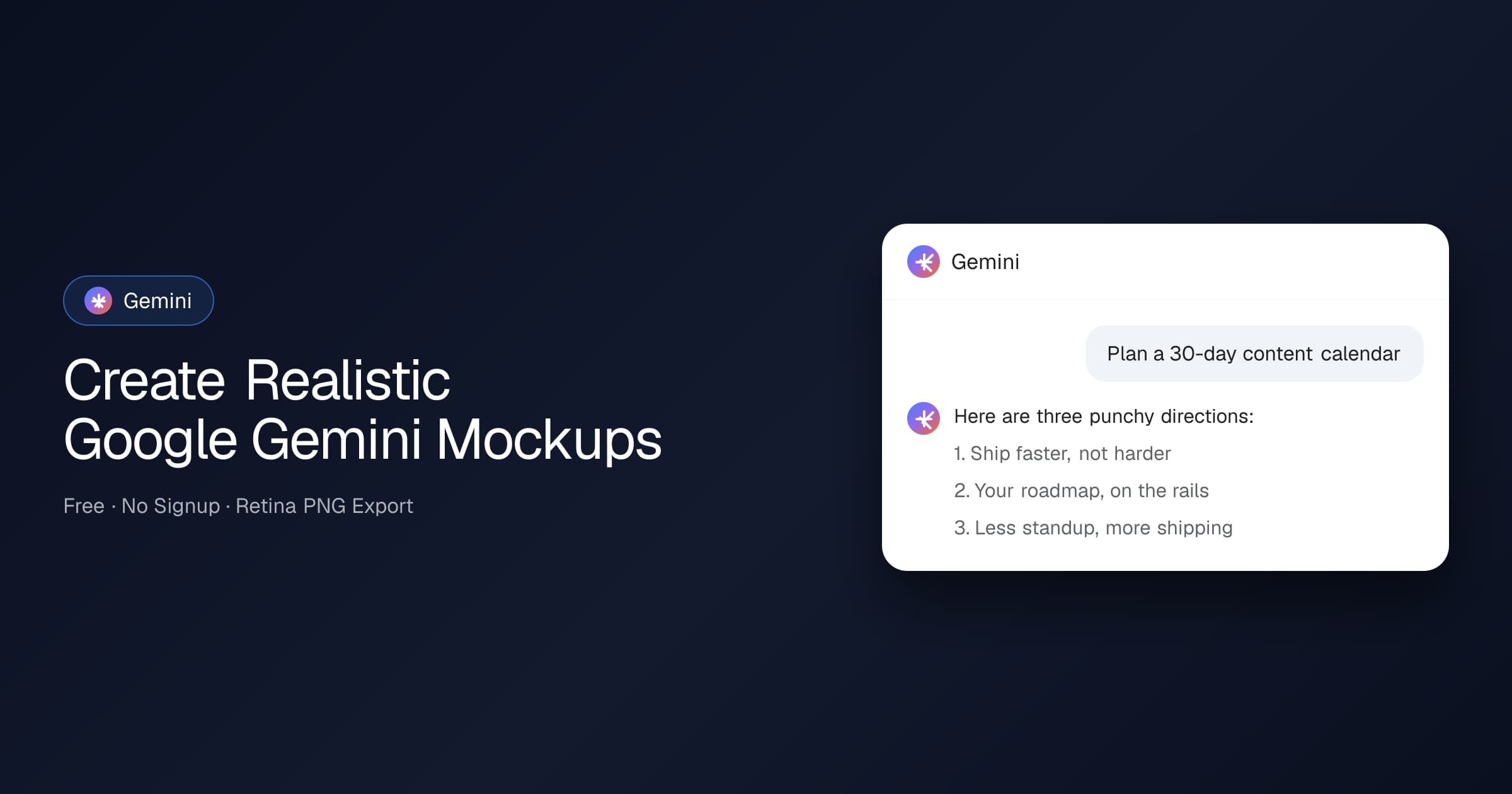 Google Gemini conversation mockup with a prompt and a formatted assistant reply — created with the free AdSights generator.