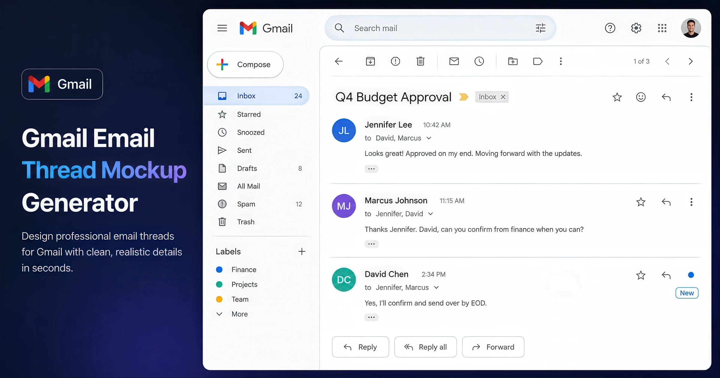 Gmail email mockup with sender avatar, subject, and threaded reply controls — created with the AdSights free generator.